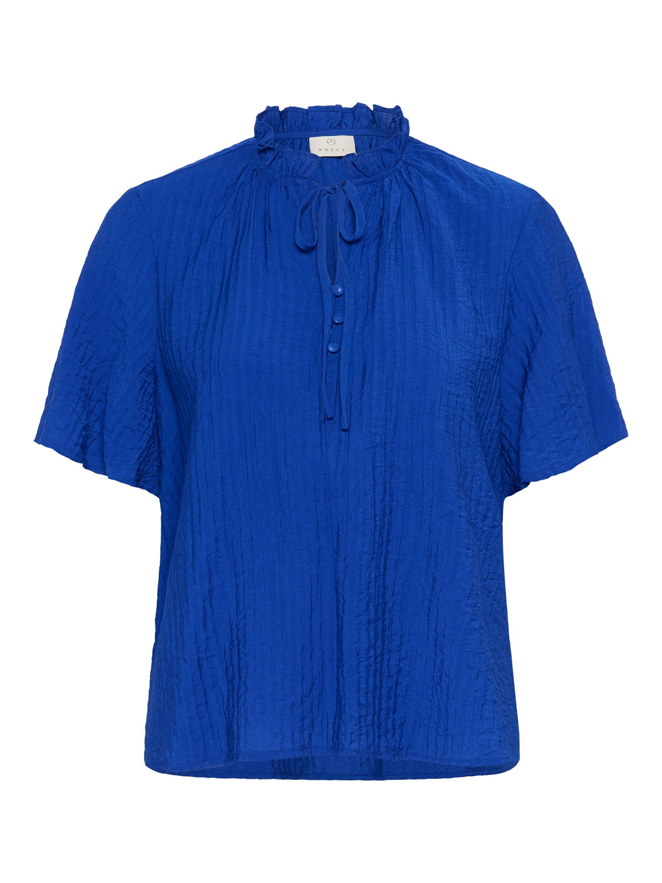 Product image 5 of 6, which shows KAFFE KAlianna Short Sleeve Tie Neck Blouse, Mid Blue, 8
