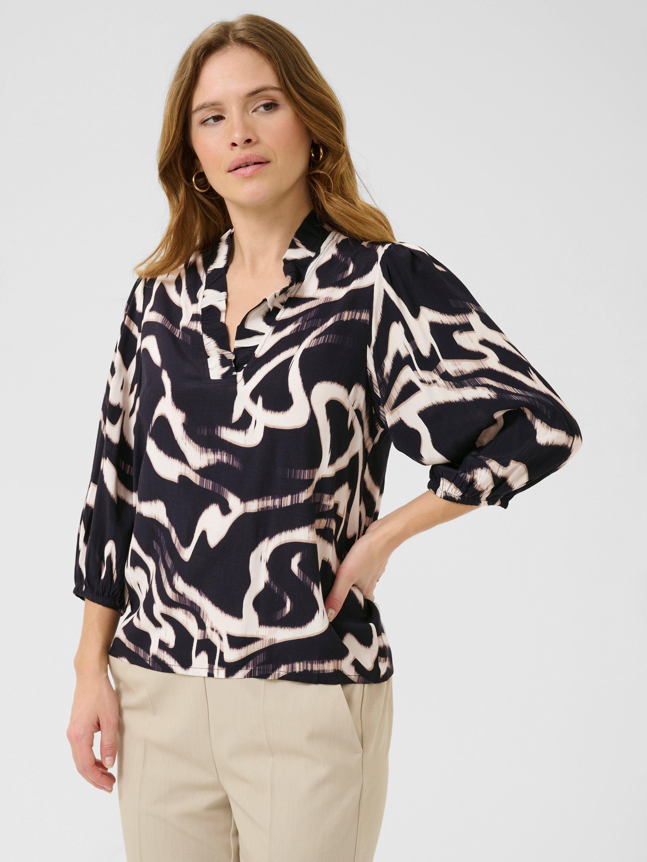 Product image 1 of 6, which shows KAFFE Martha Abstract Frill Neck Top containing LENZING™ ECOVERO™ Viscose, Black/Multi, 8