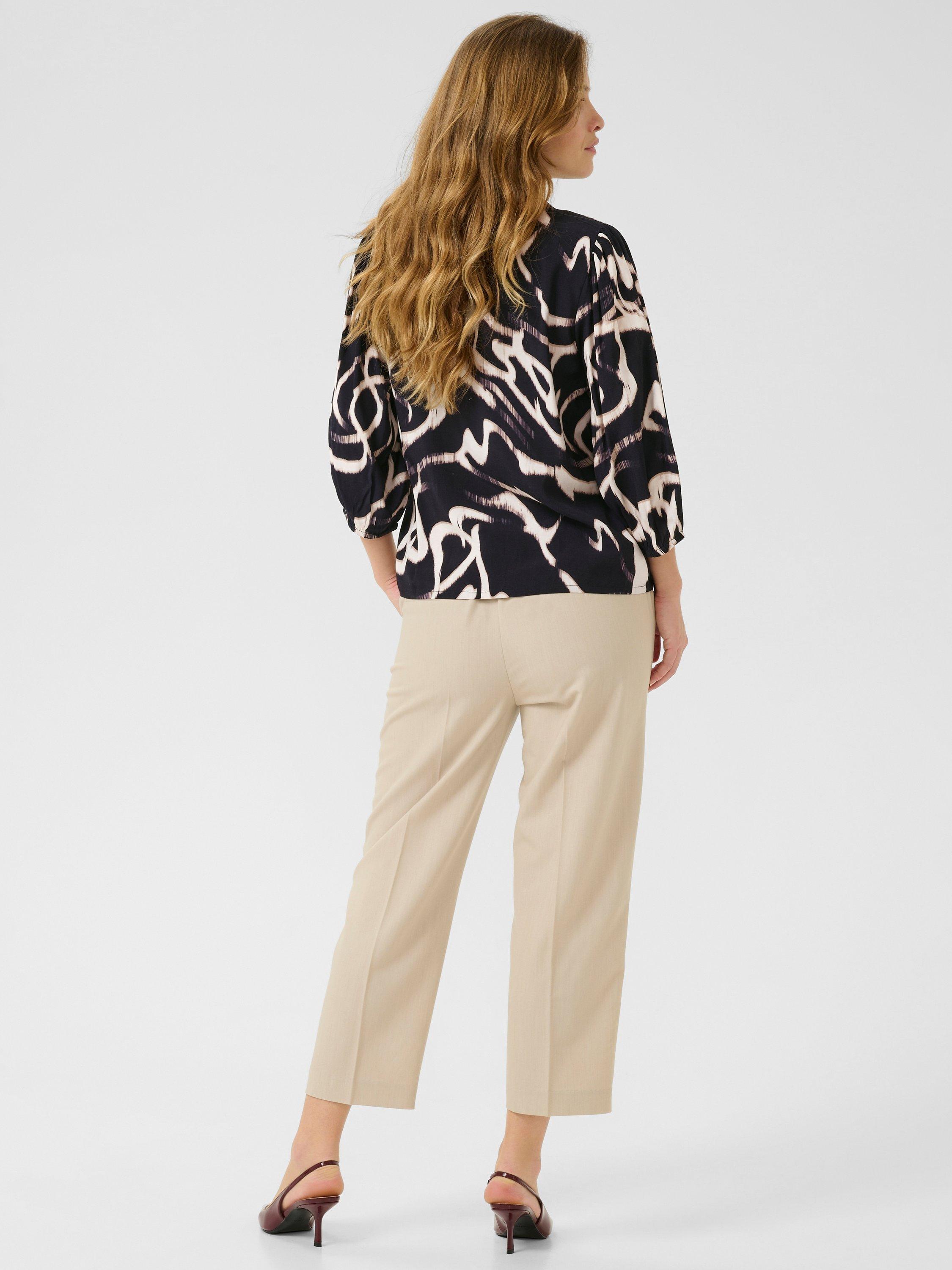 Product image 2 of 6, which shows KAFFE Martha Abstract Frill Neck Top containing LENZING™ ECOVERO™ Viscose, Black/Multi, 8