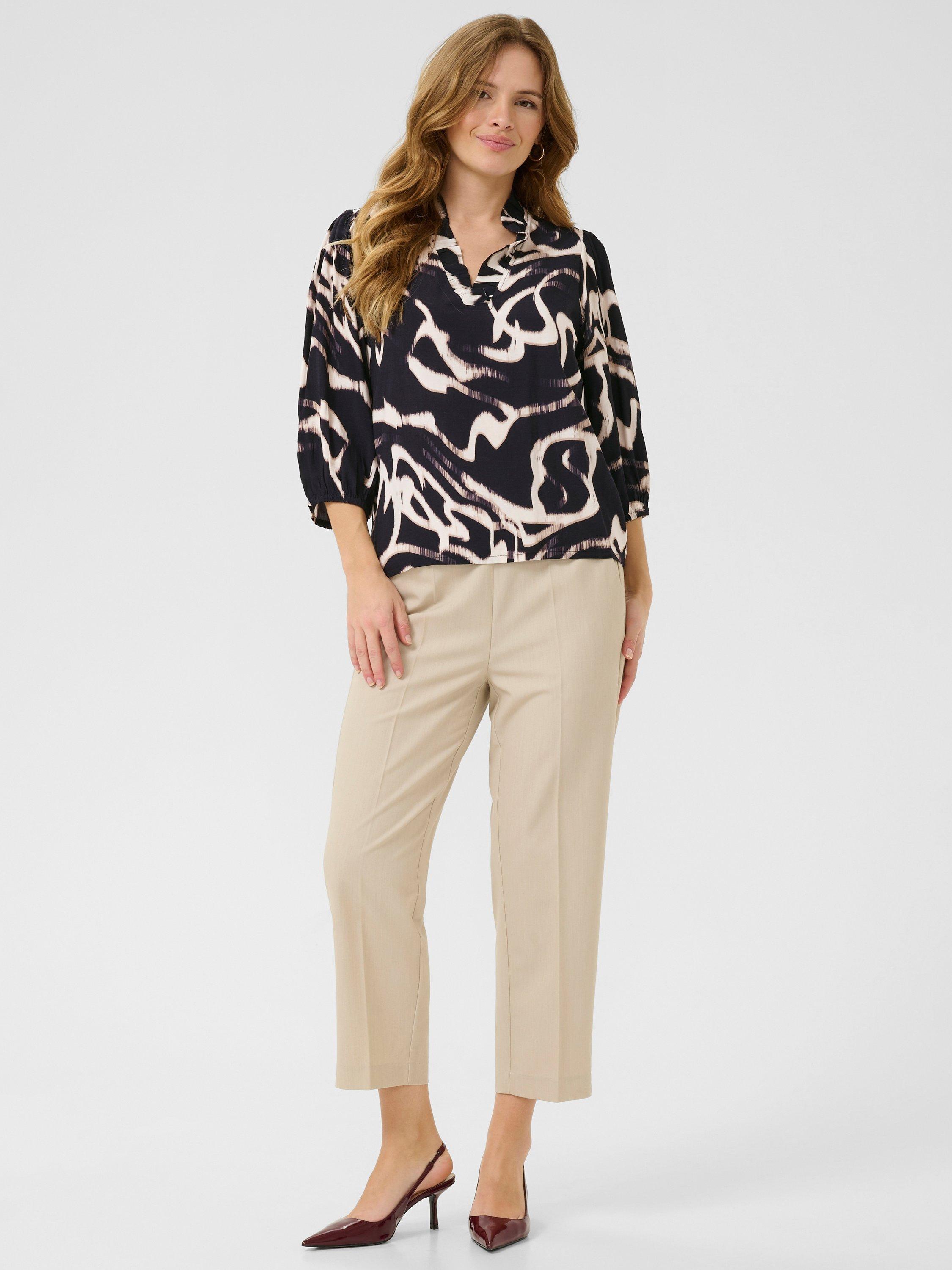 Product image 3 of 6, which shows KAFFE Martha Abstract Frill Neck Top containing LENZING™ ECOVERO™ Viscose, Black/Multi, 8