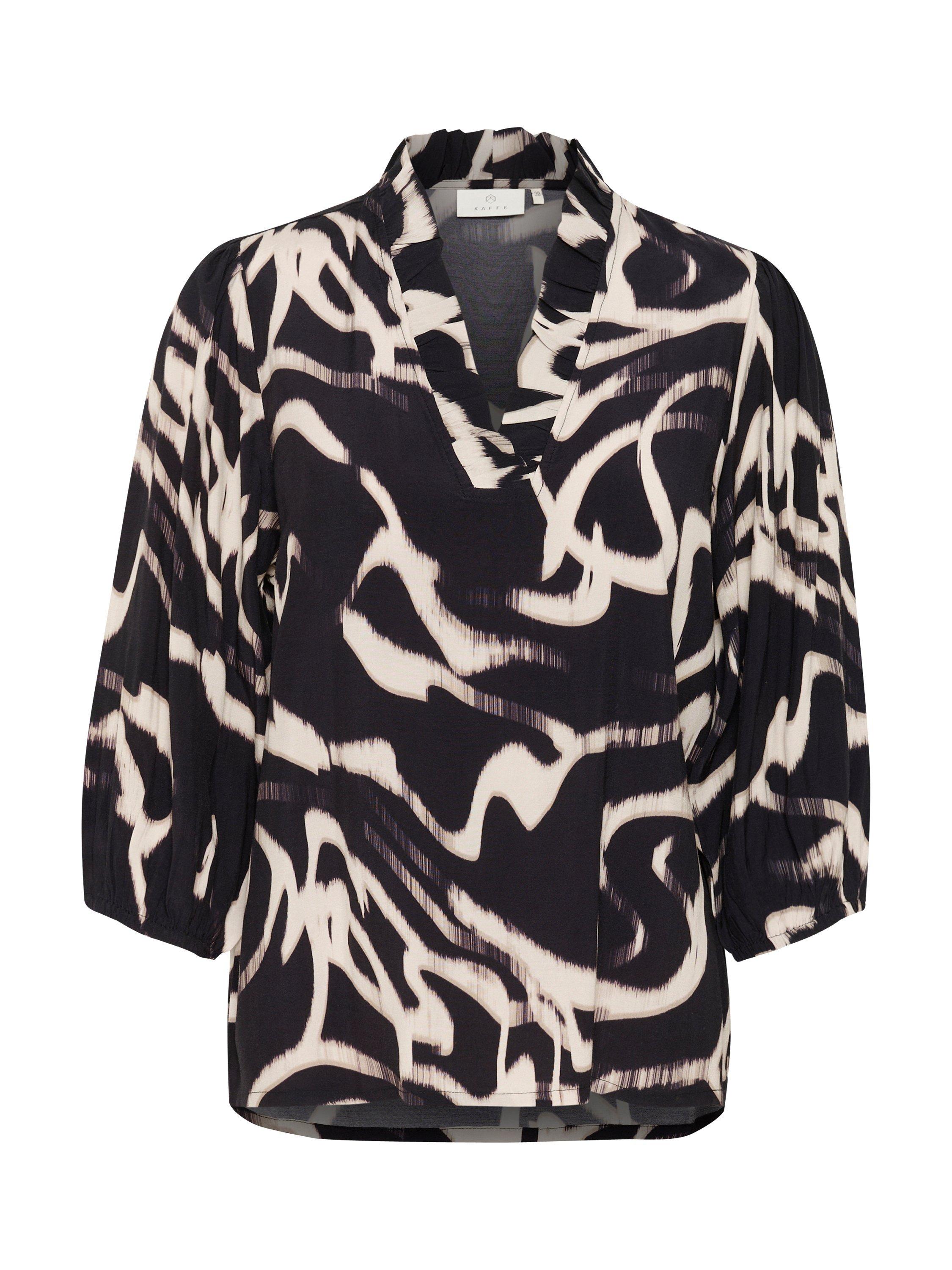 Product image 5 of 6, which shows KAFFE Martha Abstract Frill Neck Top containing LENZING™ ECOVERO™ Viscose, Black/Multi, 8