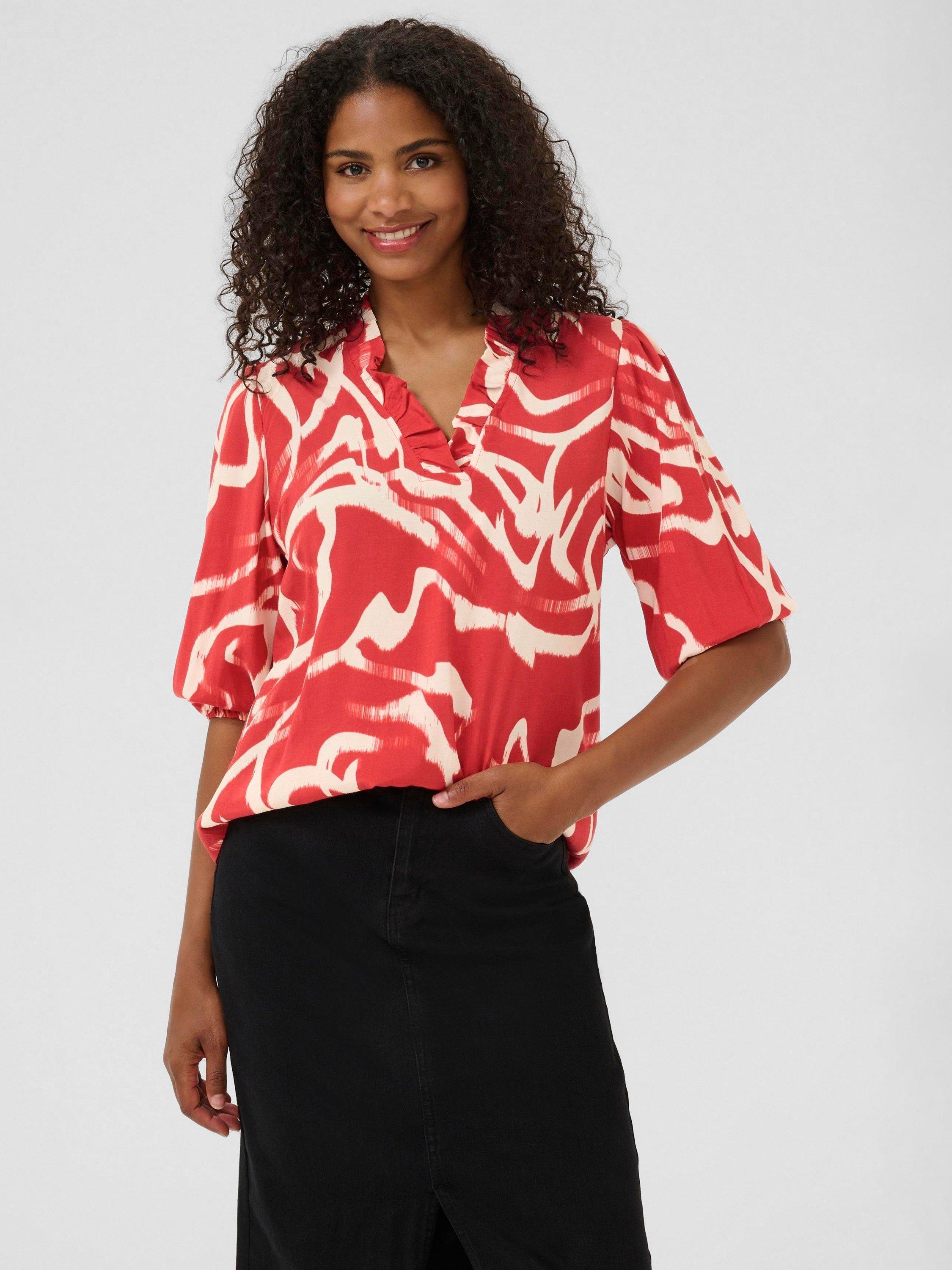 Product image 1 of 6, which shows KAFFE Martha Abstract Frill Neck Top containing LENZING™ ECOVERO™ Viscose, Red/Multi, 8
