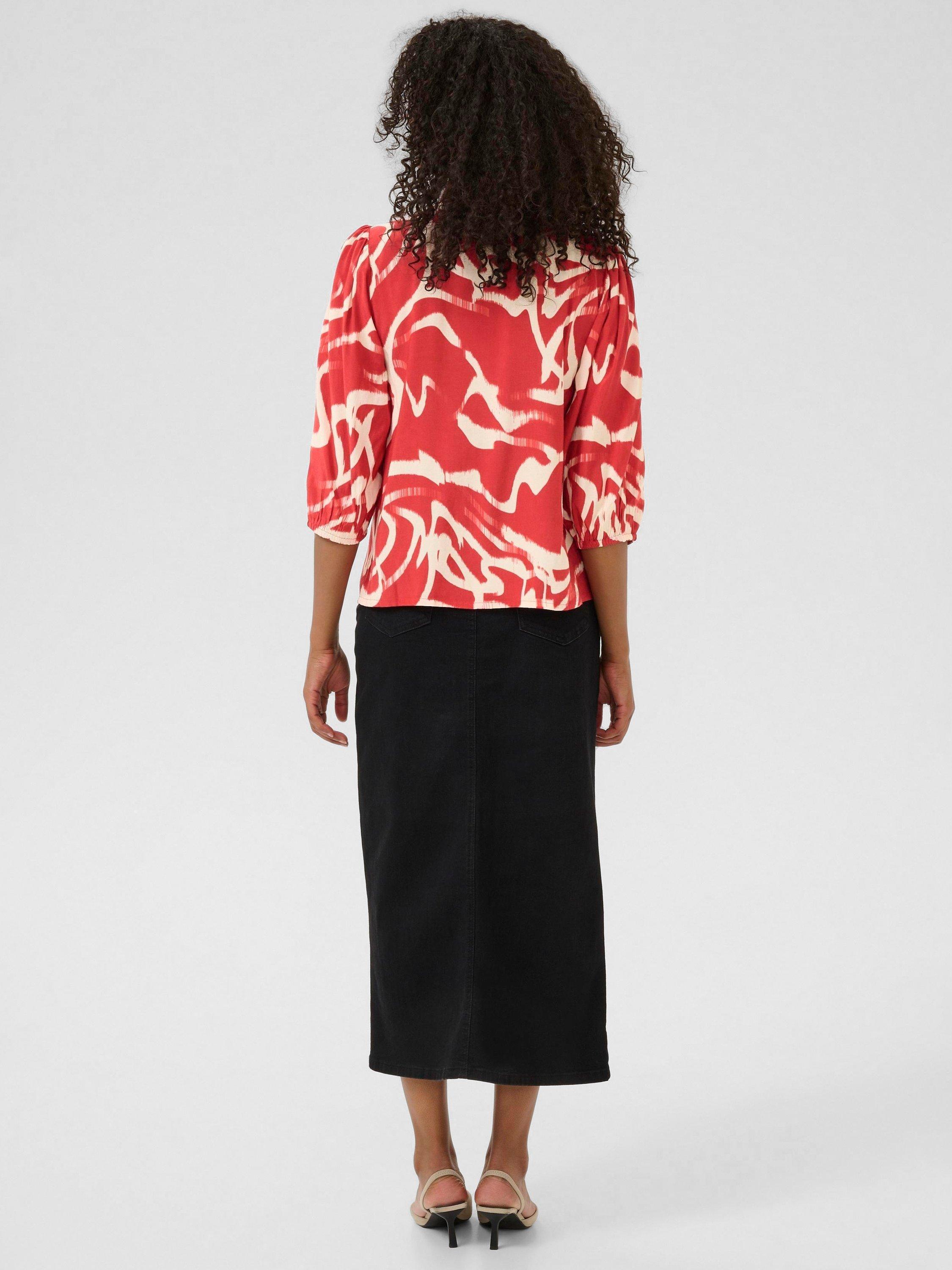 Product image 2 of 6, which shows KAFFE Martha Abstract Frill Neck Top containing LENZING™ ECOVERO™ Viscose, Red/Multi, 8