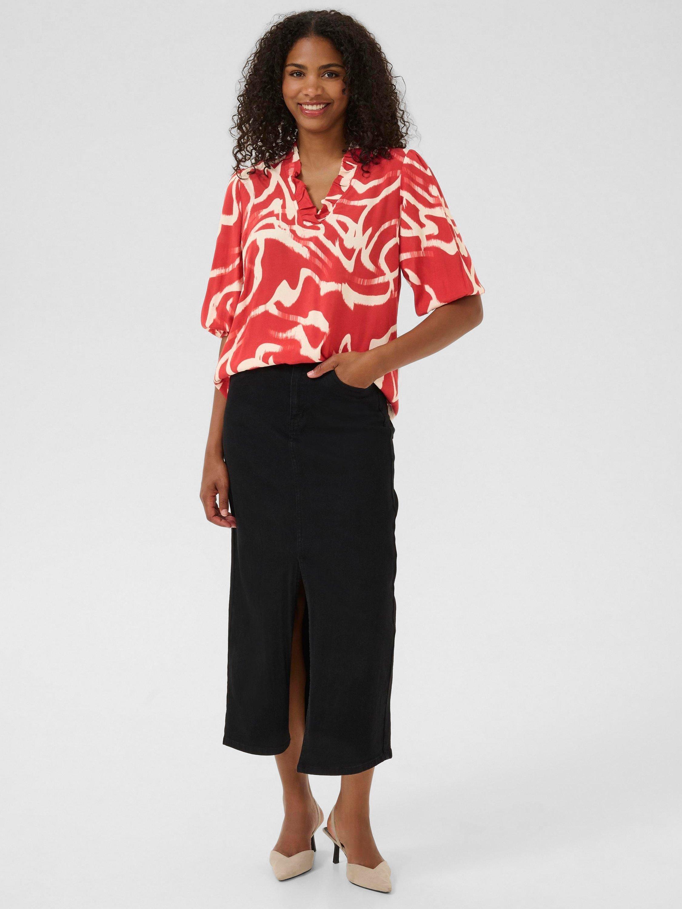 Product image 3 of 6, which shows KAFFE Martha Abstract Frill Neck Top containing LENZING™ ECOVERO™ Viscose, Red/Multi, 8