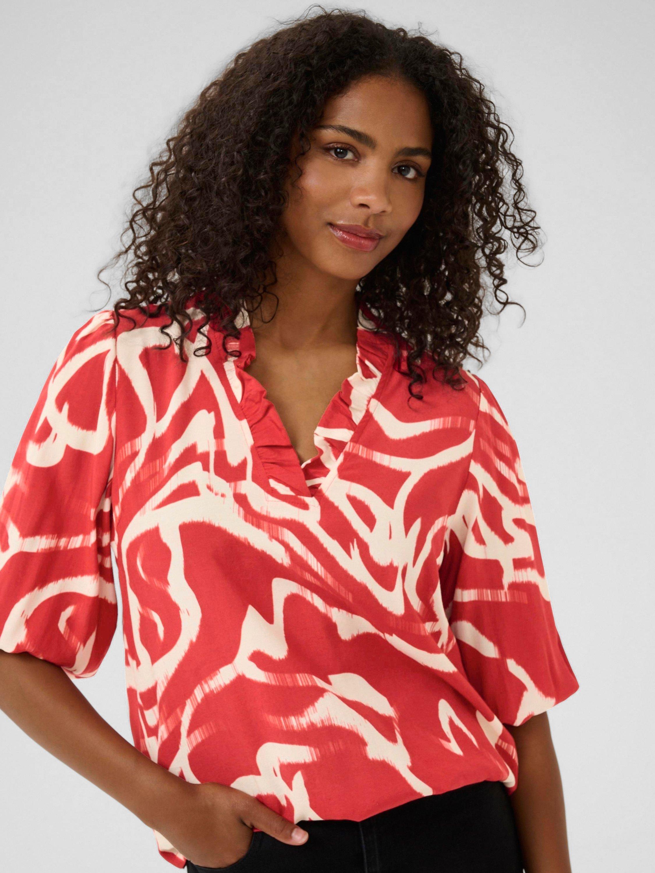 Product image 4 of 6, which shows KAFFE Martha Abstract Frill Neck Top containing LENZING™ ECOVERO™ Viscose, Red/Multi, 8