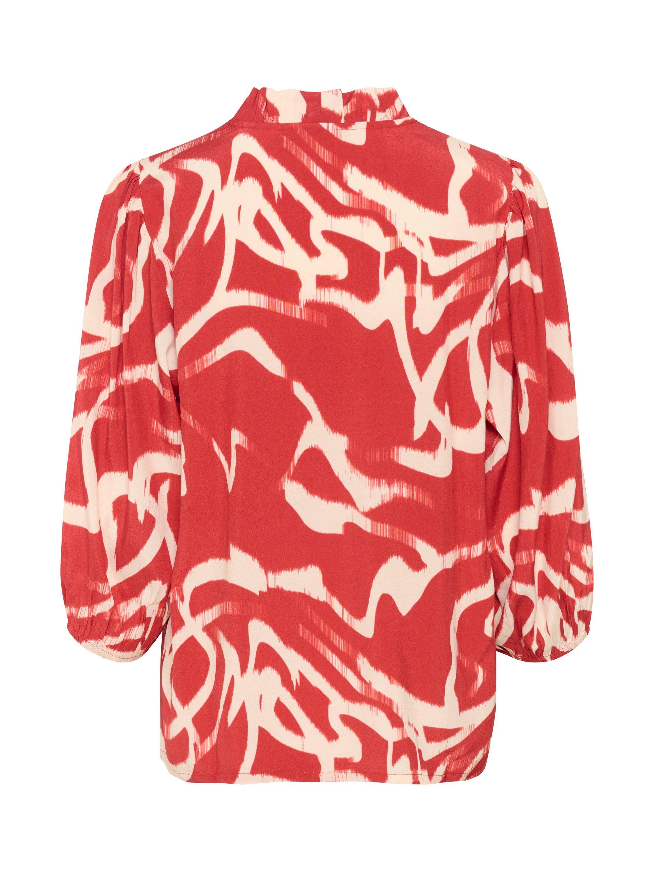 Product image 6 of 6, which shows KAFFE Martha Abstract Frill Neck Top containing LENZING™ ECOVERO™ Viscose, Red/Multi, 8