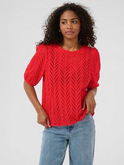 KAFFE KAmasha Round Neck Textured Cotton Blouse, Mid Red