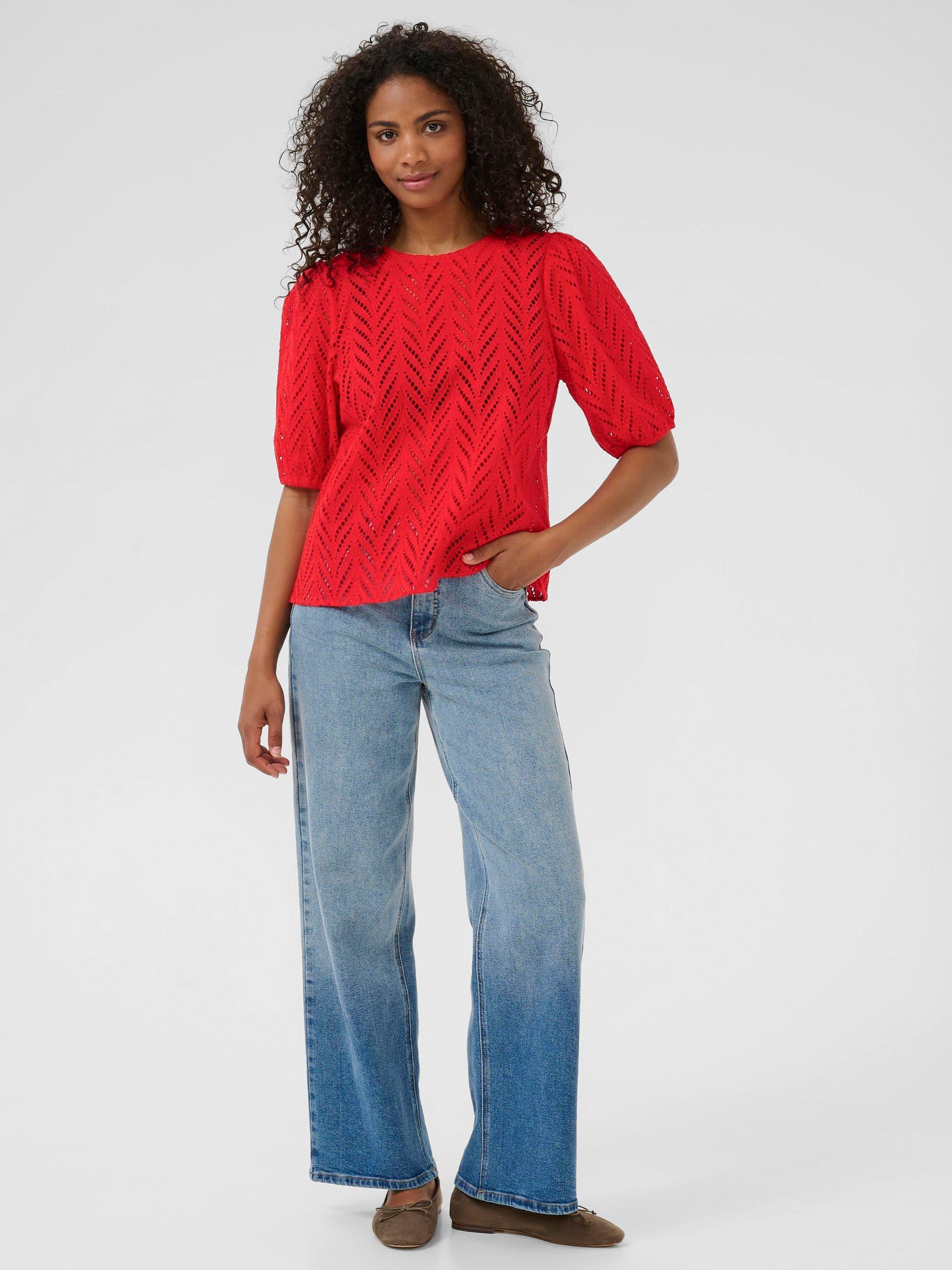 Product image 3 of 6, which shows KAFFE KAmasha Round Neck Textured Cotton Blouse, Mid Red, 8