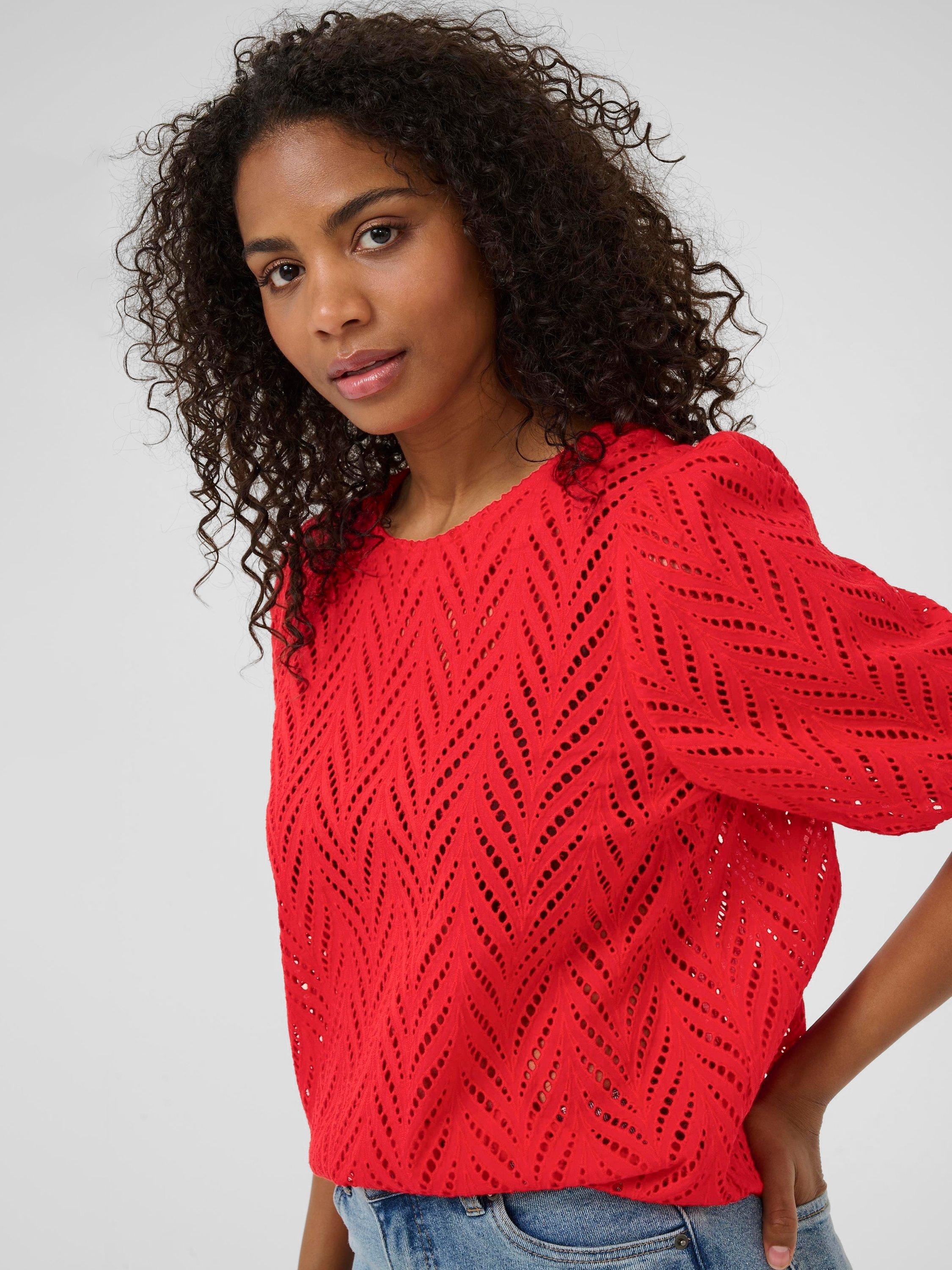 Product image 4 of 6, which shows KAFFE KAmasha Round Neck Textured Cotton Blouse, Mid Red, 8