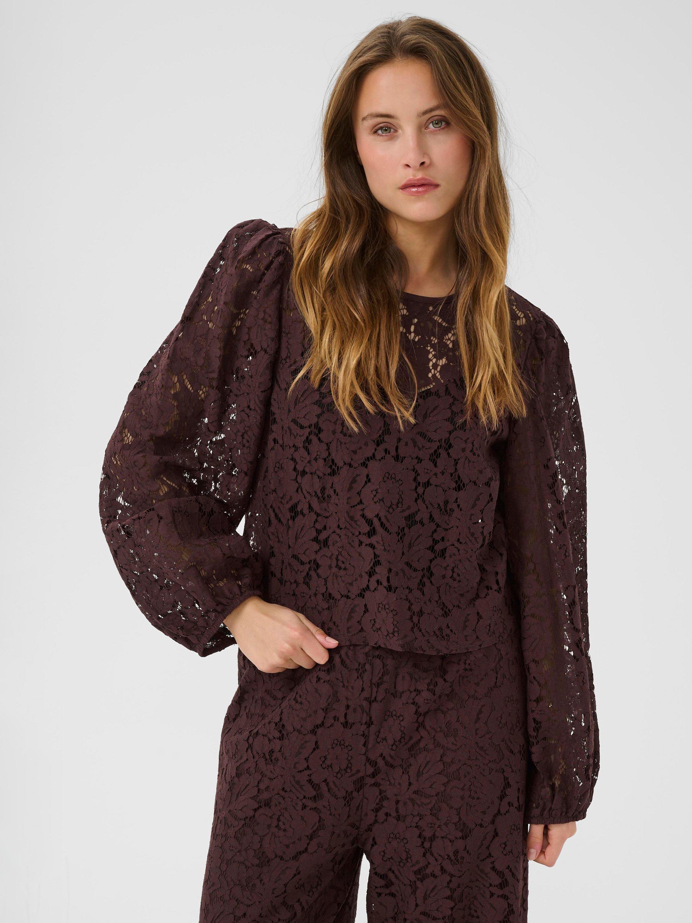 Product image 1 of 6, which shows KAFFE Nomi Lace Long Sleeve Top, Mid Red, 8