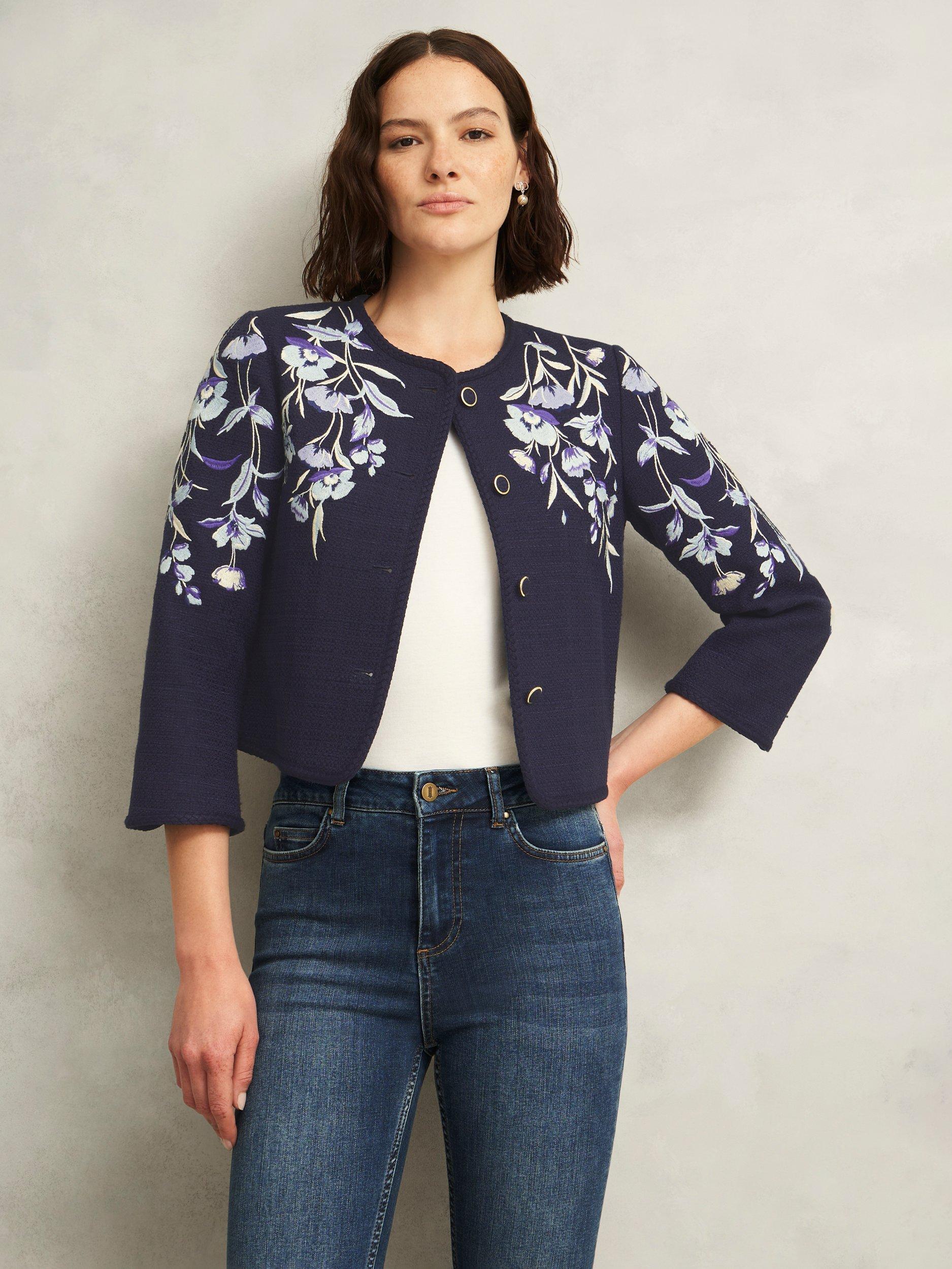 Product image 1 of 5, which shows Hobbs Hinton Braided Trim Floral Embroidery Cropped Jacket, Midnight Navy, 10