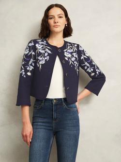 Hobbs Hinton Braided Trim Floral Embroidery Cropped Jacket, Midnight Navy, Midnight Navy
