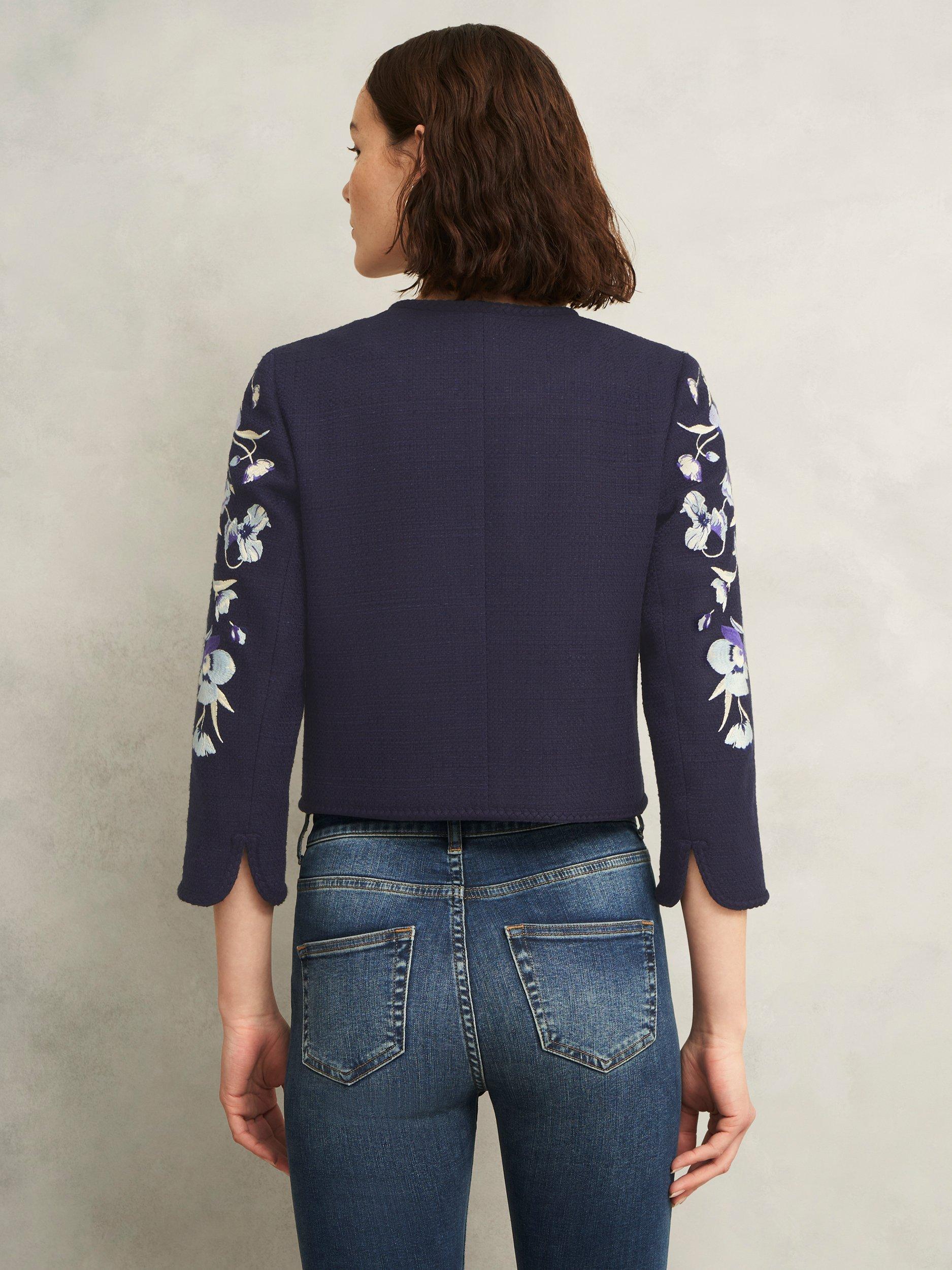 Product image 2 of 5, which shows Hobbs Hinton Braided Trim Floral Embroidery Cropped Jacket, Midnight Navy, 10