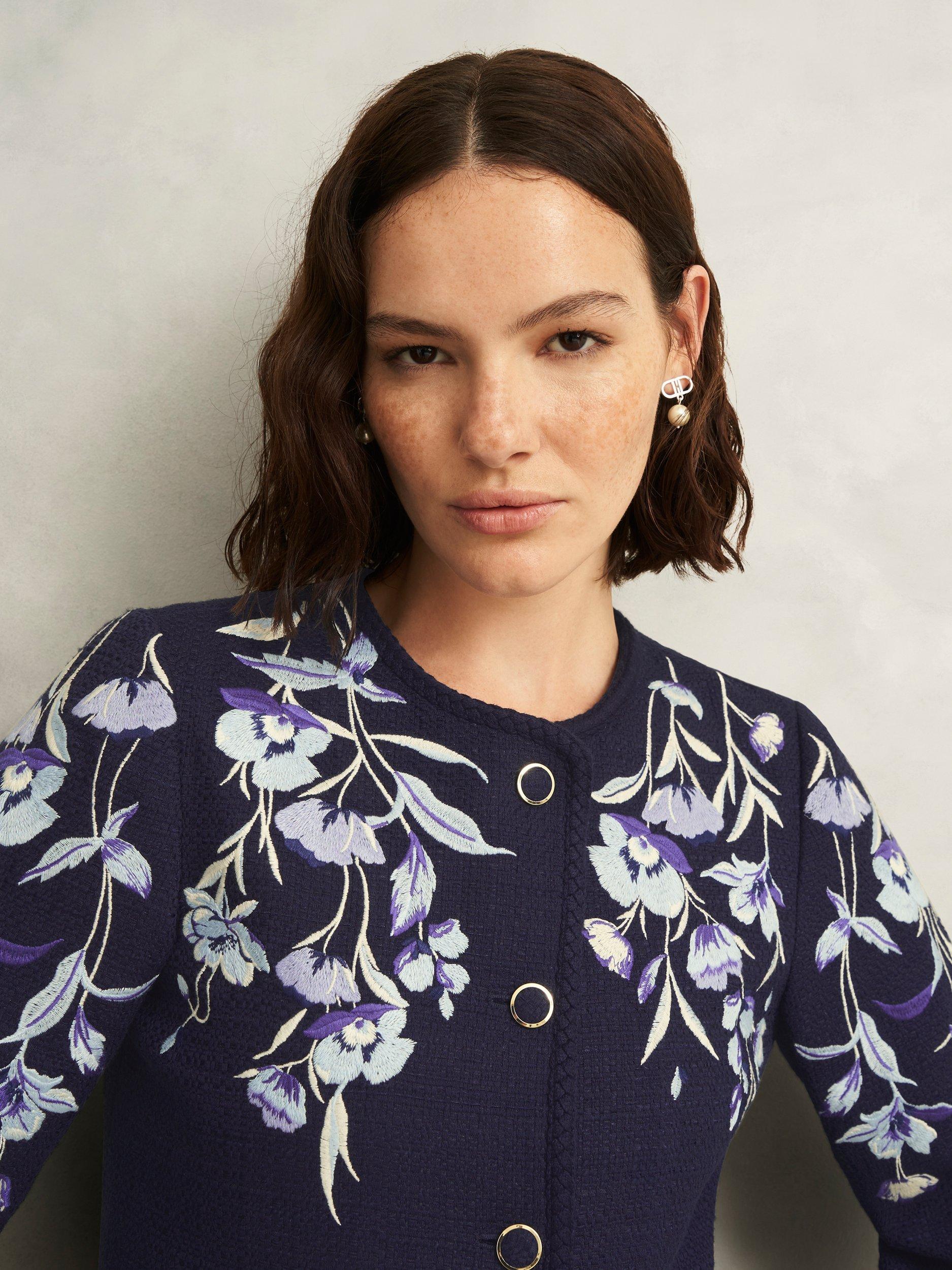 Product image 3 of 5, which shows Hobbs Hinton Braided Trim Floral Embroidery Cropped Jacket, Midnight Navy, 10