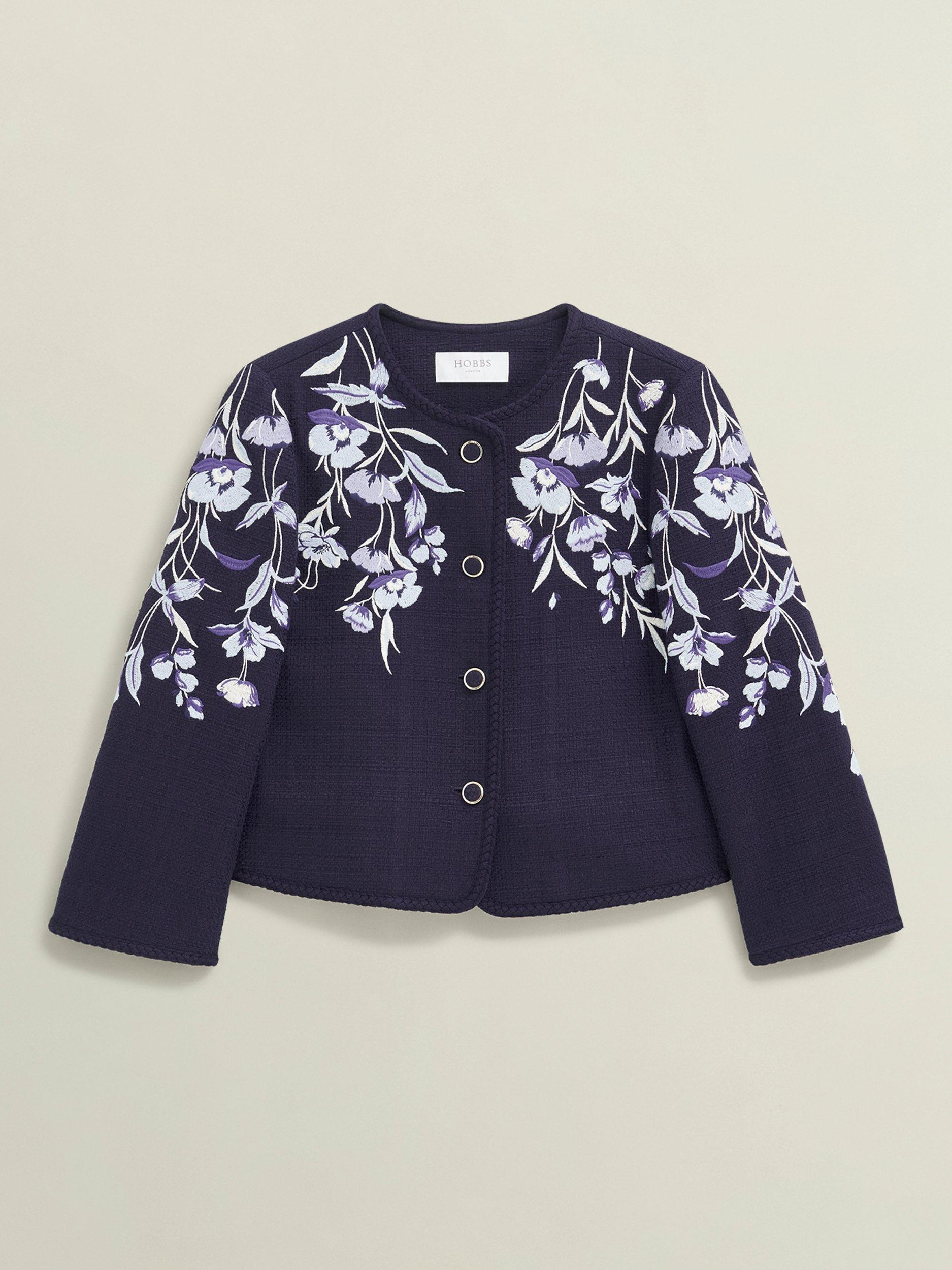 Product image 4 of 5, which shows Hobbs Hinton Braided Trim Floral Embroidery Cropped Jacket, Midnight Navy, 10