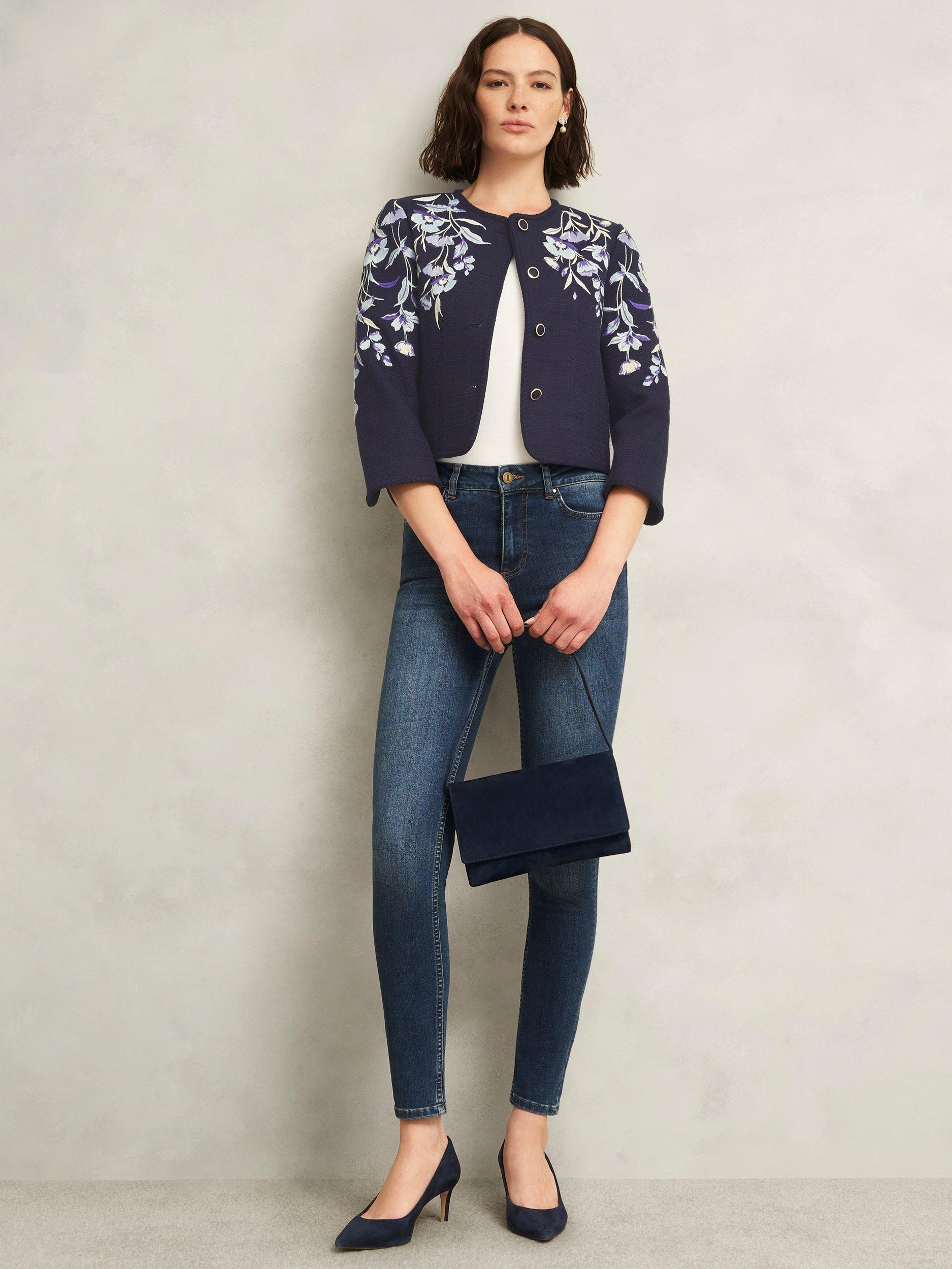 Product image 5 of 5, which shows Hobbs Hinton Braided Trim Floral Embroidery Cropped Jacket, Midnight Navy, 10