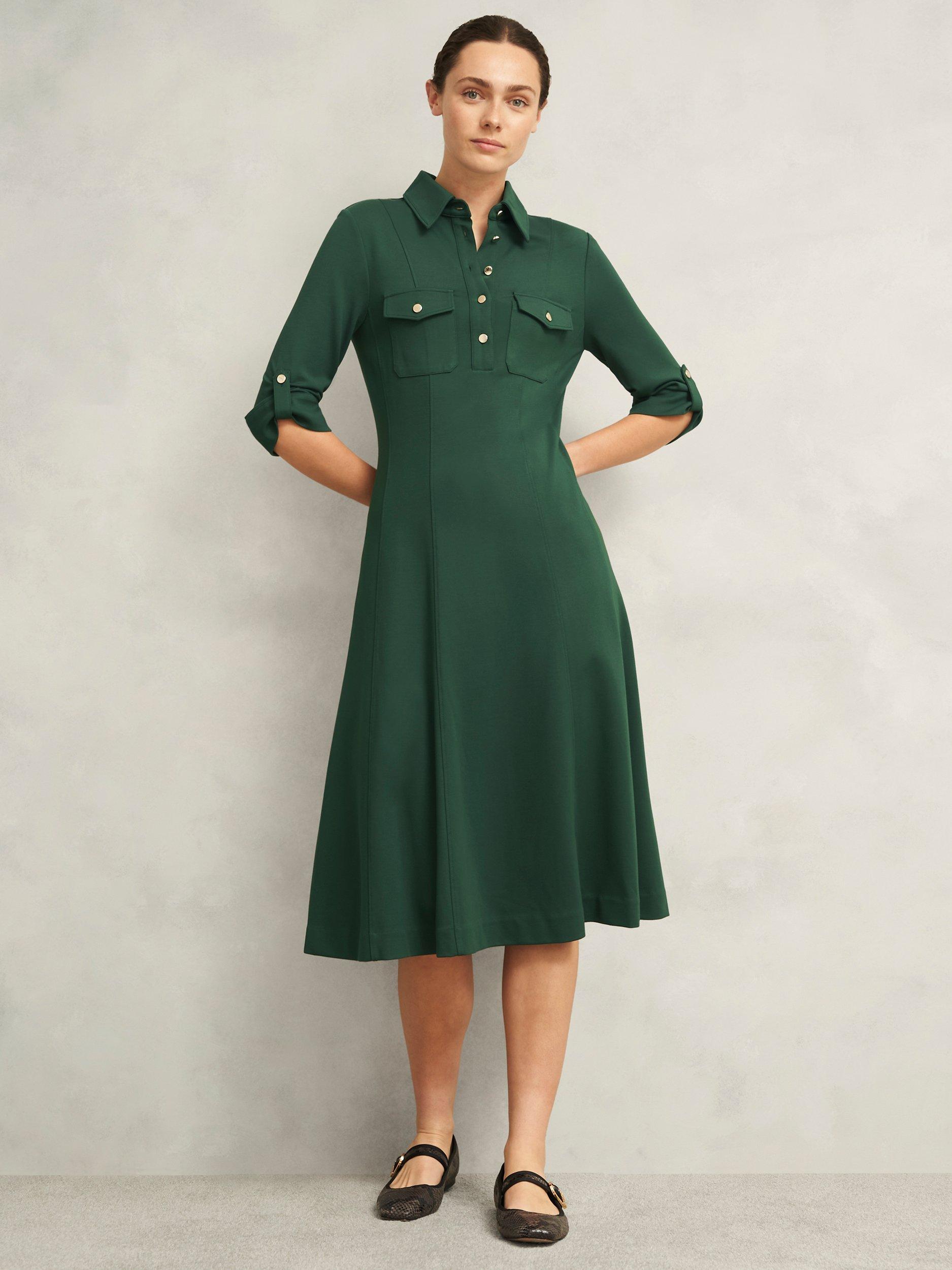 Product image 1 of 5, which shows Hobbs Angelica Ponte Midi Dress, Rich Sage Green, 10