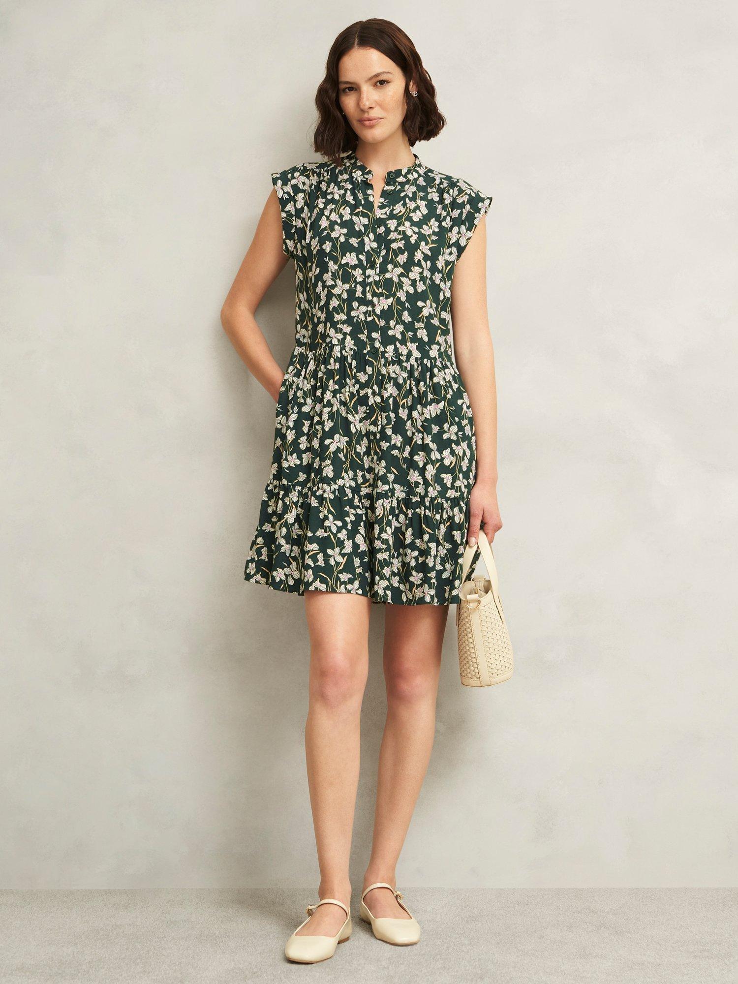 Product image 1 of 5, which shows Hobbs Layla Floral Print Turn-up Cap Sleeves Mandarin Neck Mini Dress, Green Multi, 10
