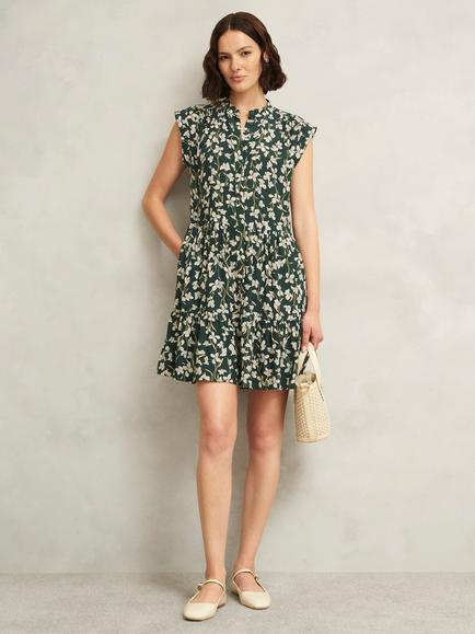 Hobbs Layla Floral Print Turn-up Cap Sleeves Mandarin Neck Mini Dress, Green/Multi