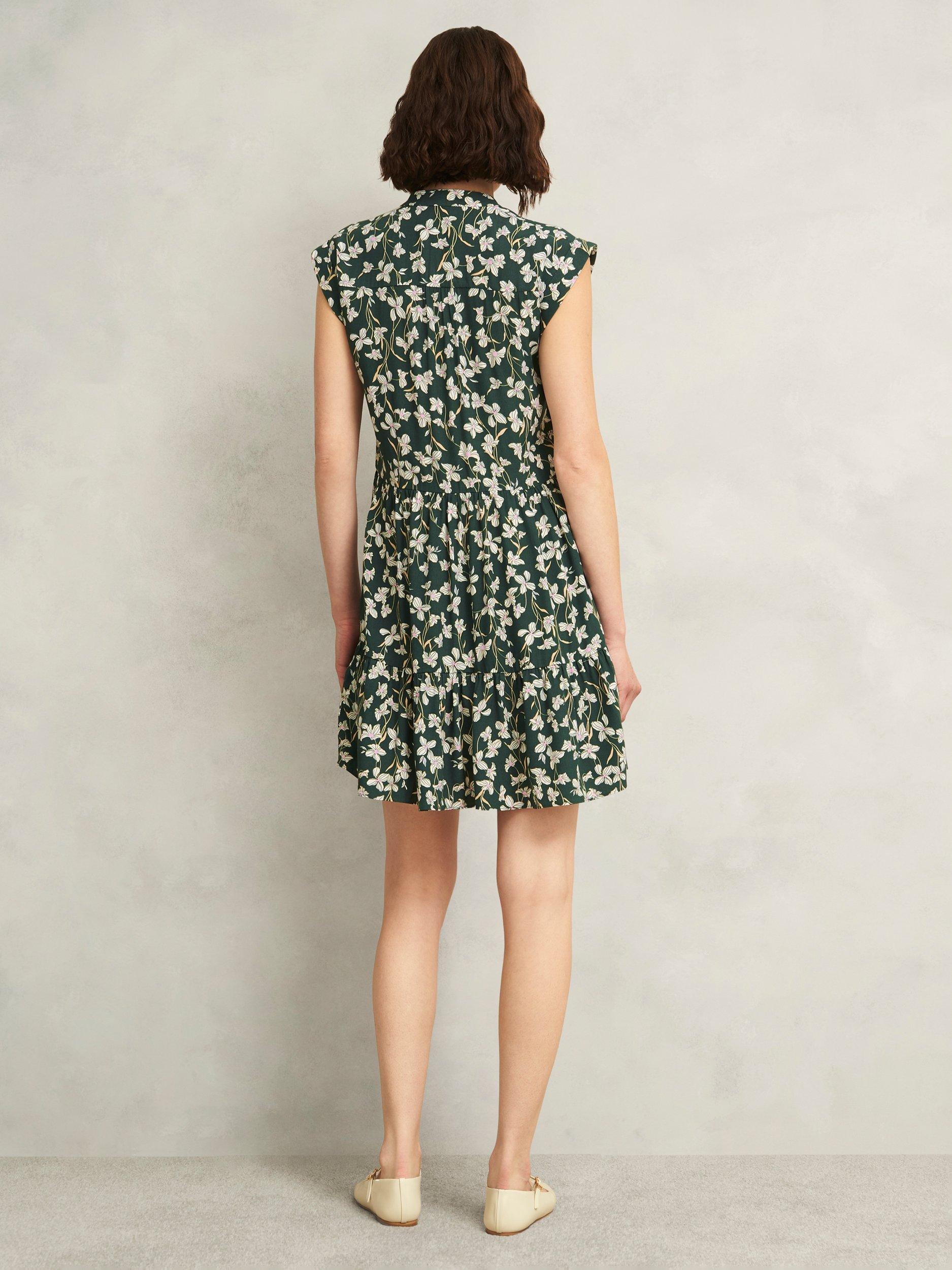 Product image 2 of 5, which shows Hobbs Layla Floral Print Turn-up Cap Sleeves Mandarin Neck Mini Dress, Green Multi, 10