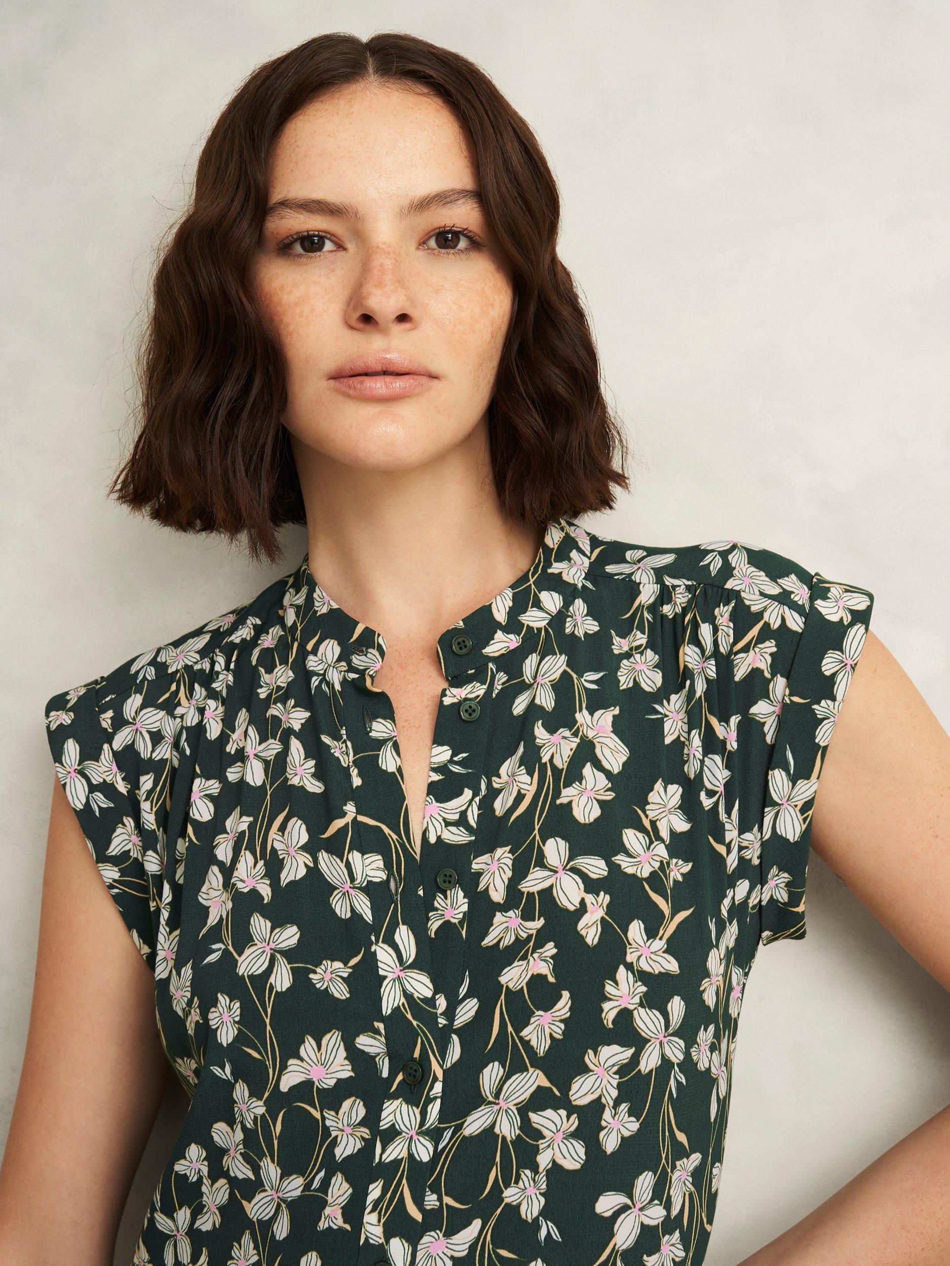 Product image 3 of 5, which shows Hobbs Layla Floral Print Turn-up Cap Sleeves Mandarin Neck Mini Dress, Green Multi, 10