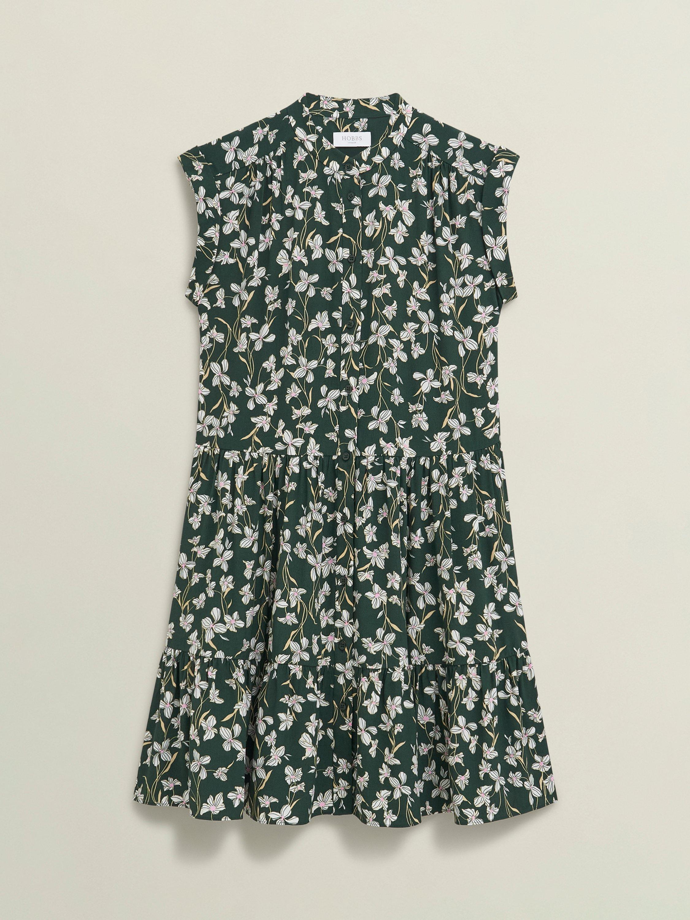 Product image 4 of 5, which shows Hobbs Layla Floral Print Turn-up Cap Sleeves Mandarin Neck Mini Dress, Green Multi, 10