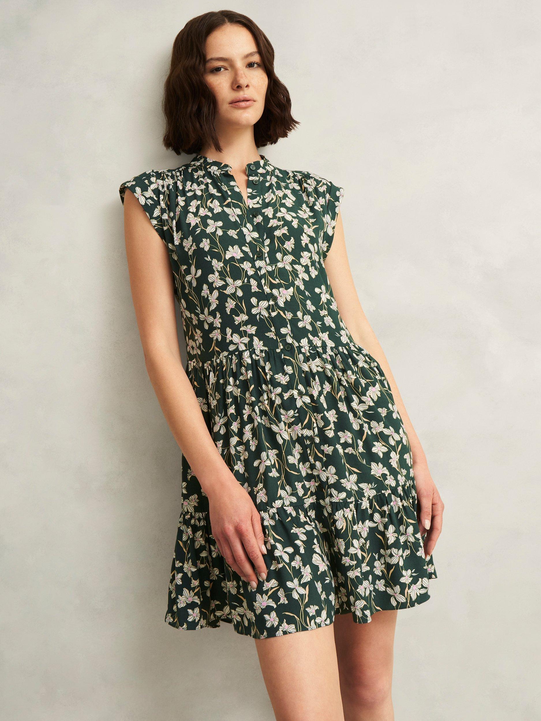 Product image 5 of 5, which shows Hobbs Layla Floral Print Turn-up Cap Sleeves Mandarin Neck Mini Dress, Green Multi, 10
