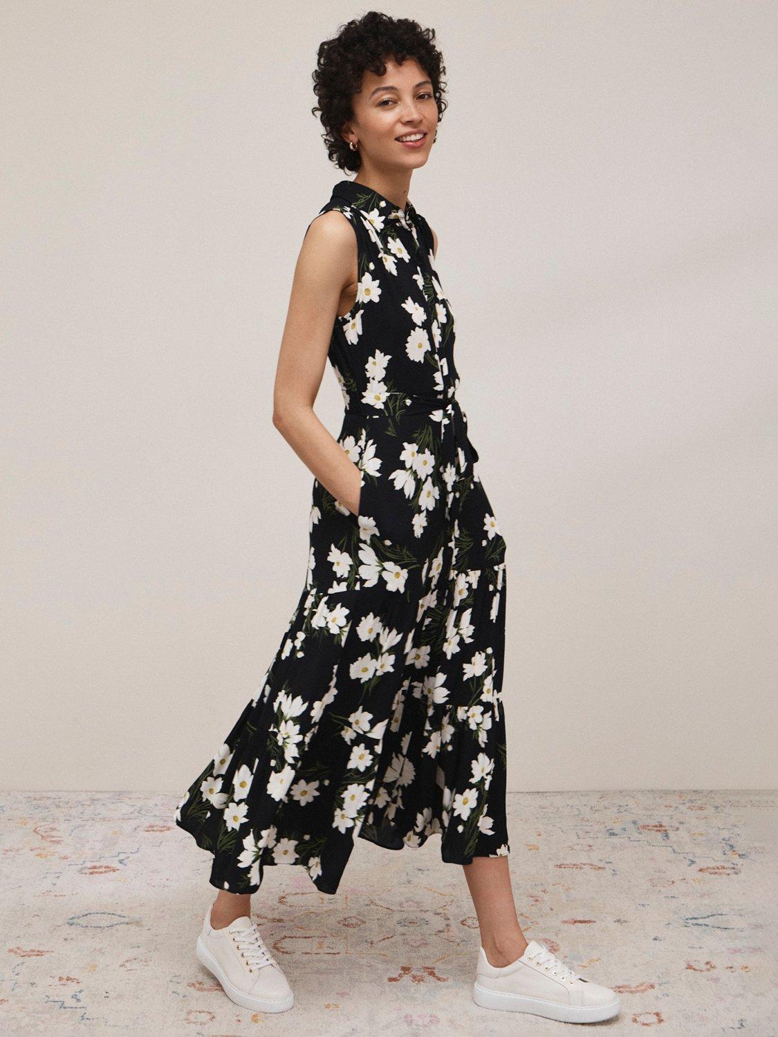 Product image 1 of 5, which shows Hobbs Thea Floral Print Sleeveless Shirted Midi Dress, Navy Multi, 10