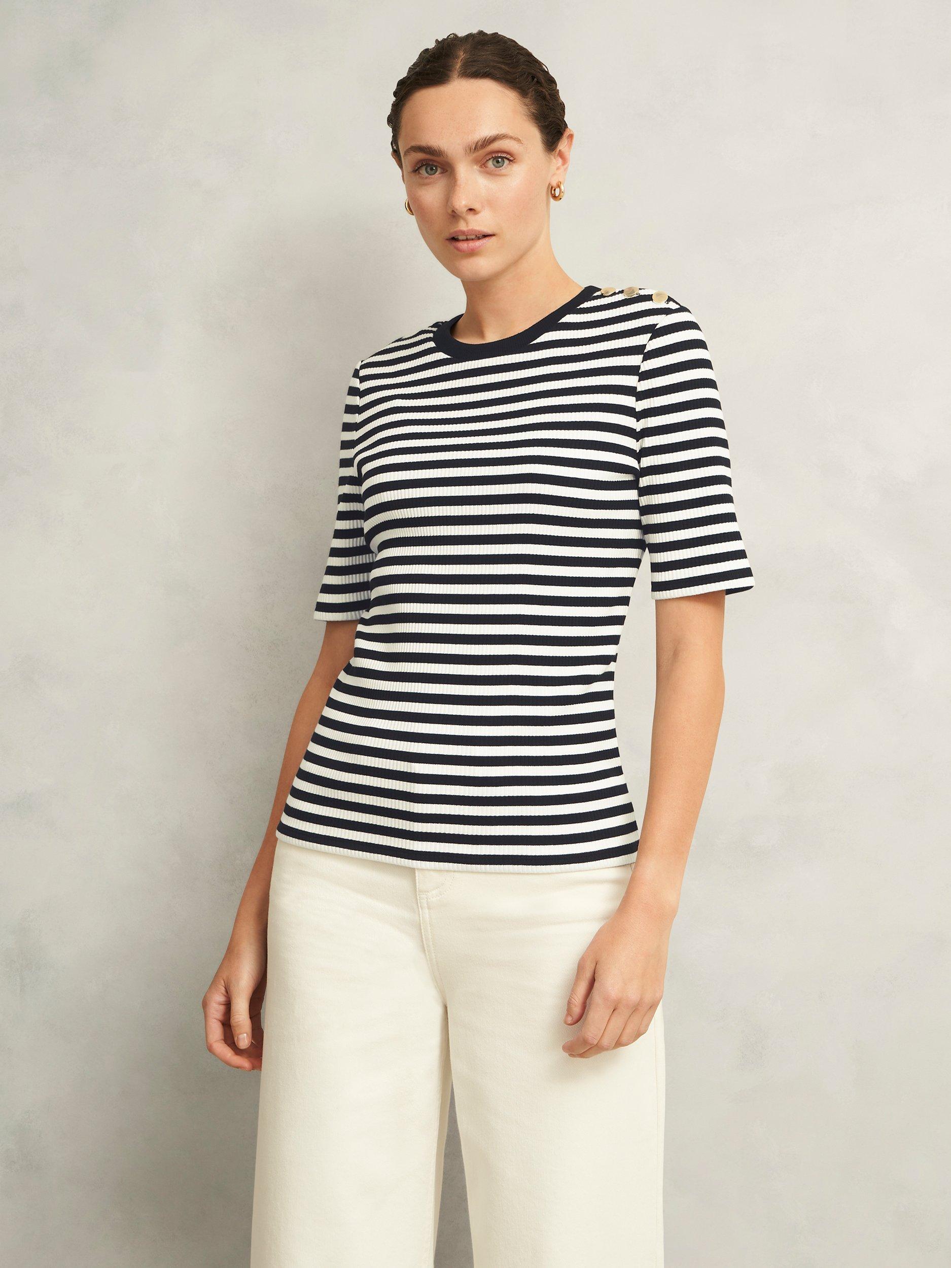 Product image 1 of 6, which shows Hobbs Tamsin Stripe T-Shirt, Ivory/Navy, XS