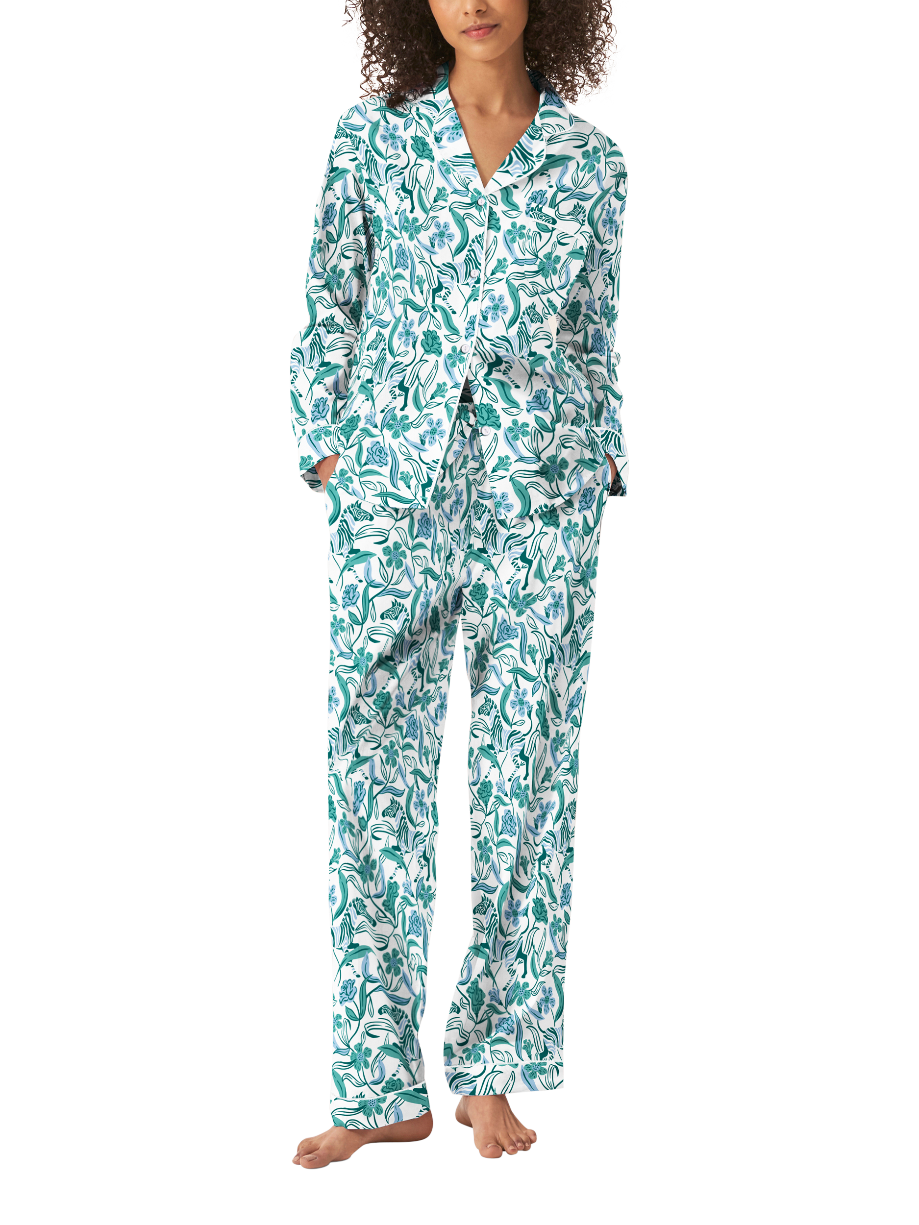 Product image 1 of 2, which shows myza Boho Zebra Long Sleeve Long Pyjama Set, Green, XS