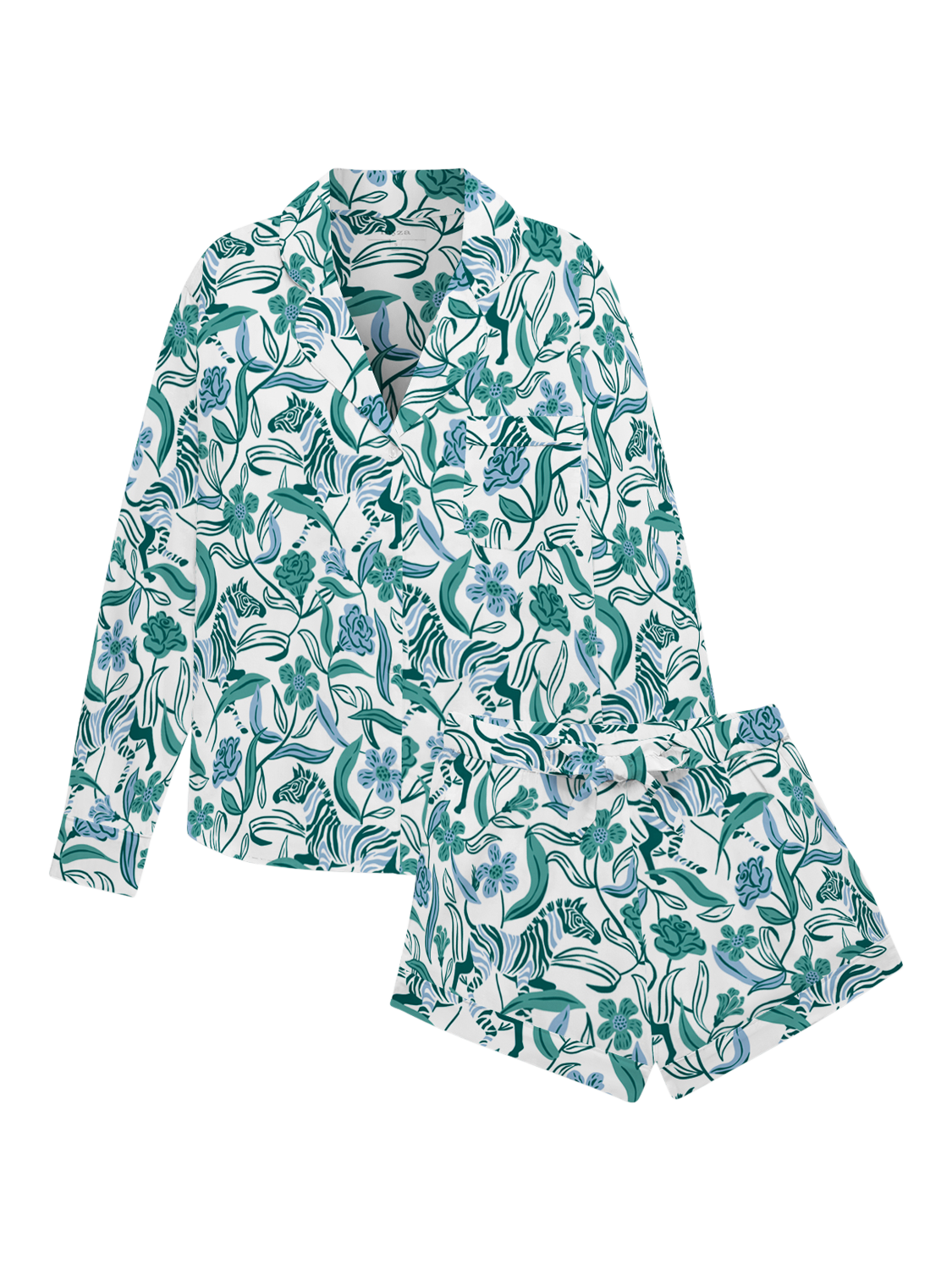 Product image 1 of 1, which shows myza Boho Zebra Long Sleeve Shorty Pyjama Set, Green, XS