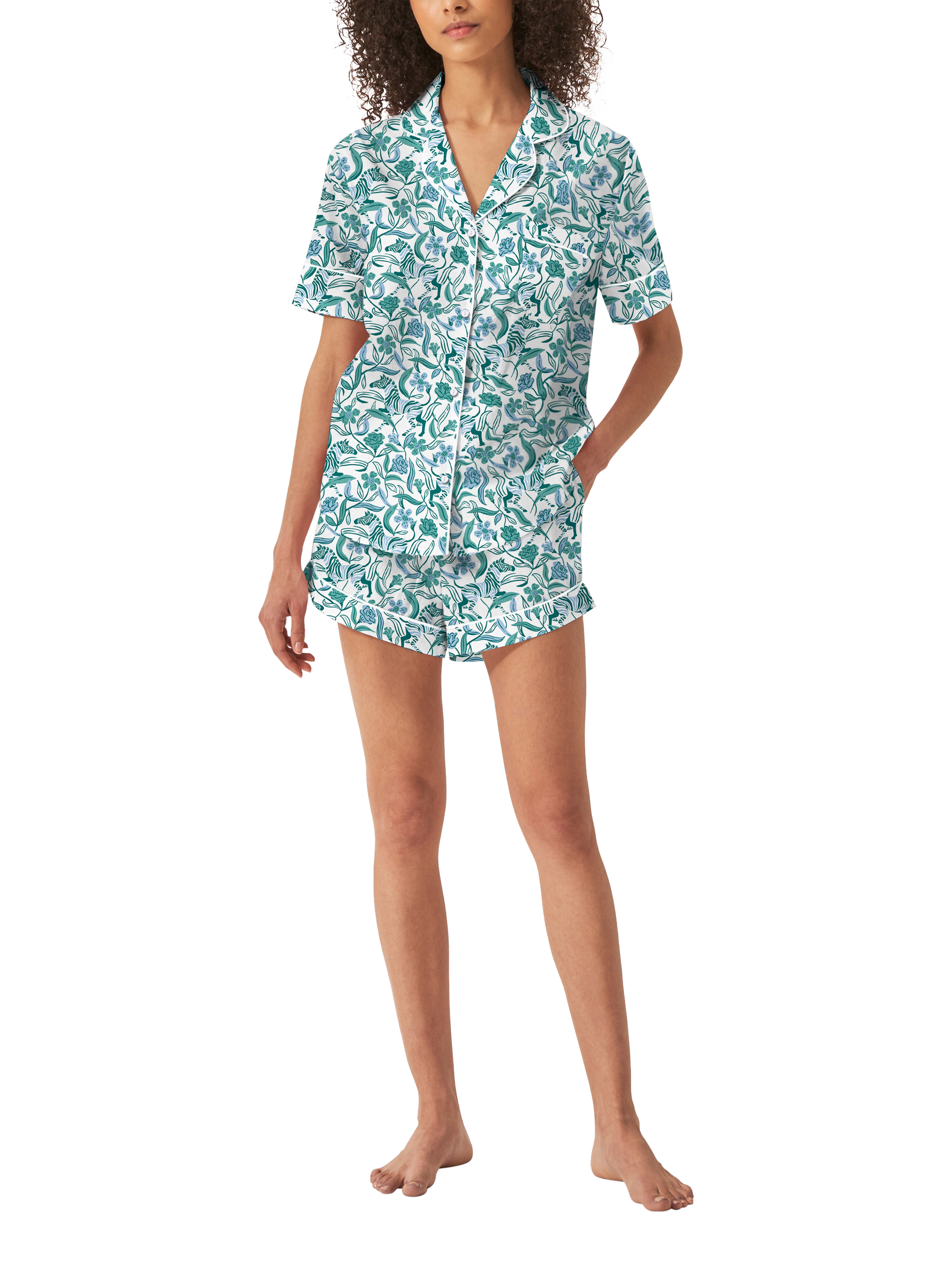 Product image 1 of 2, which shows myza Boho Zebra Short Sleeve Shorty Pyjama Set, Green, XS