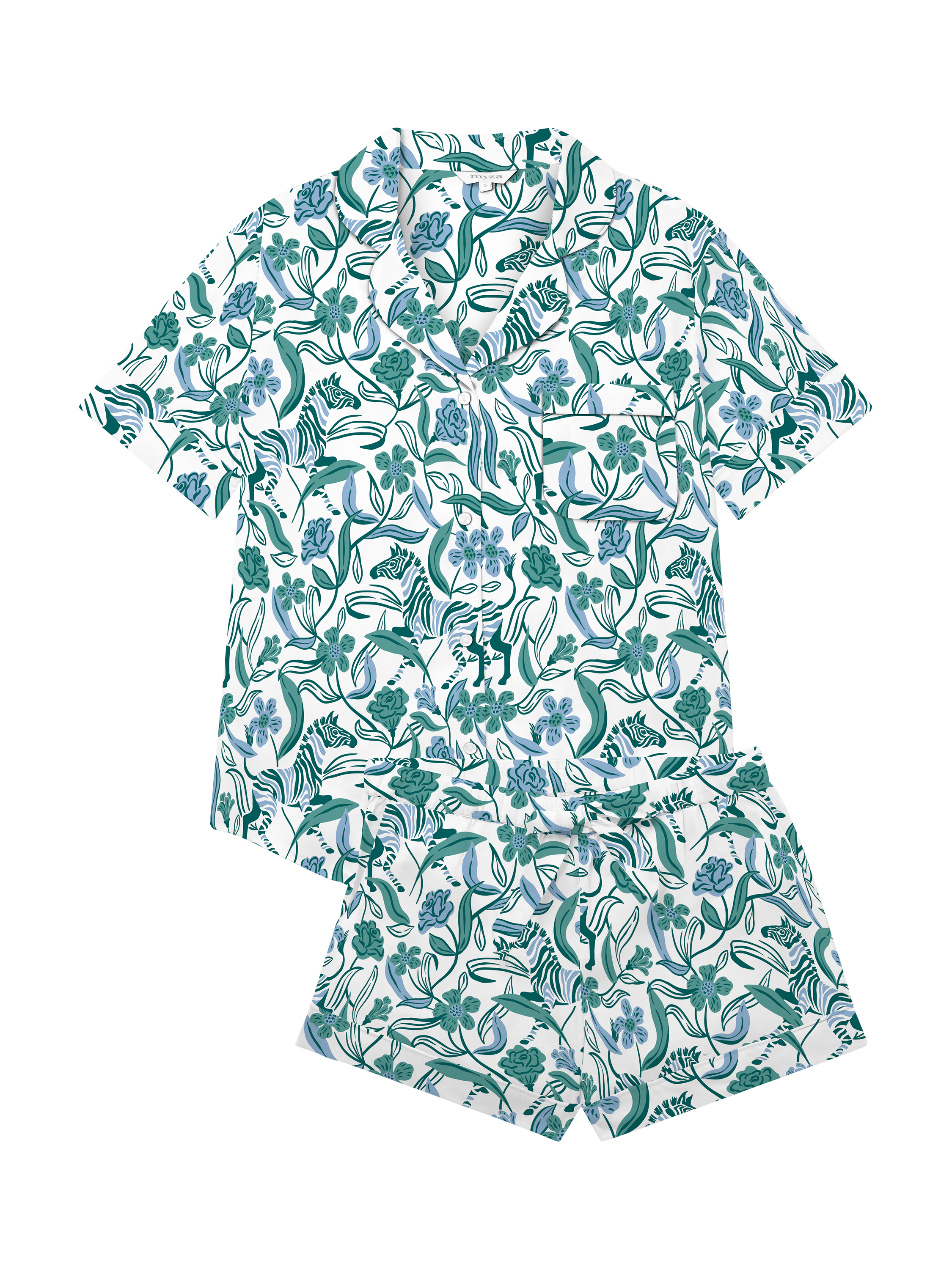 Product image 2 of 2, which shows myza Boho Zebra Short Sleeve Shorty Pyjama Set, Green, XS