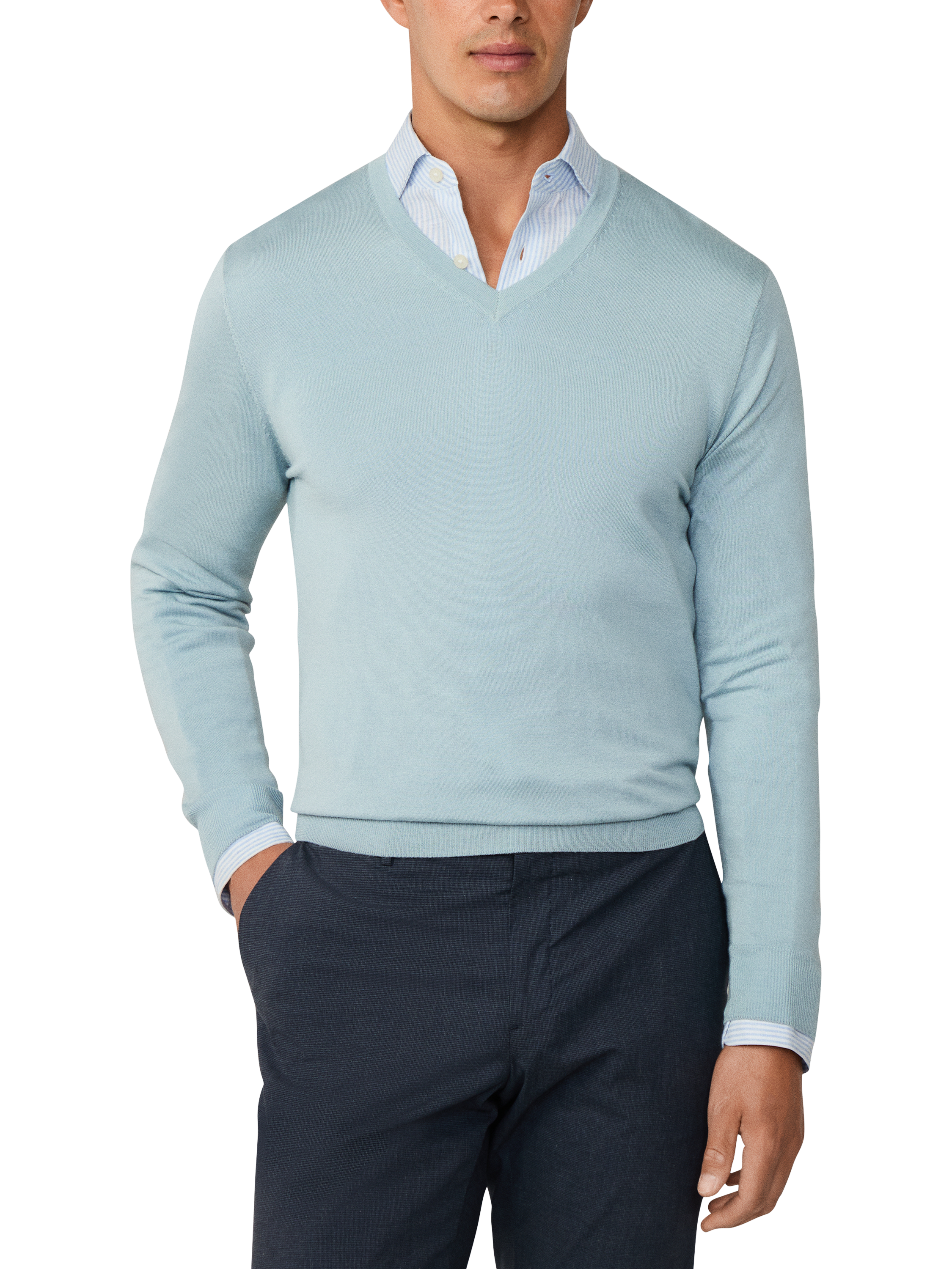 Product image 1 of 8, which shows Hackett London Merino Wool Silk V-Neck Jumper, Lagoon Blue, XS