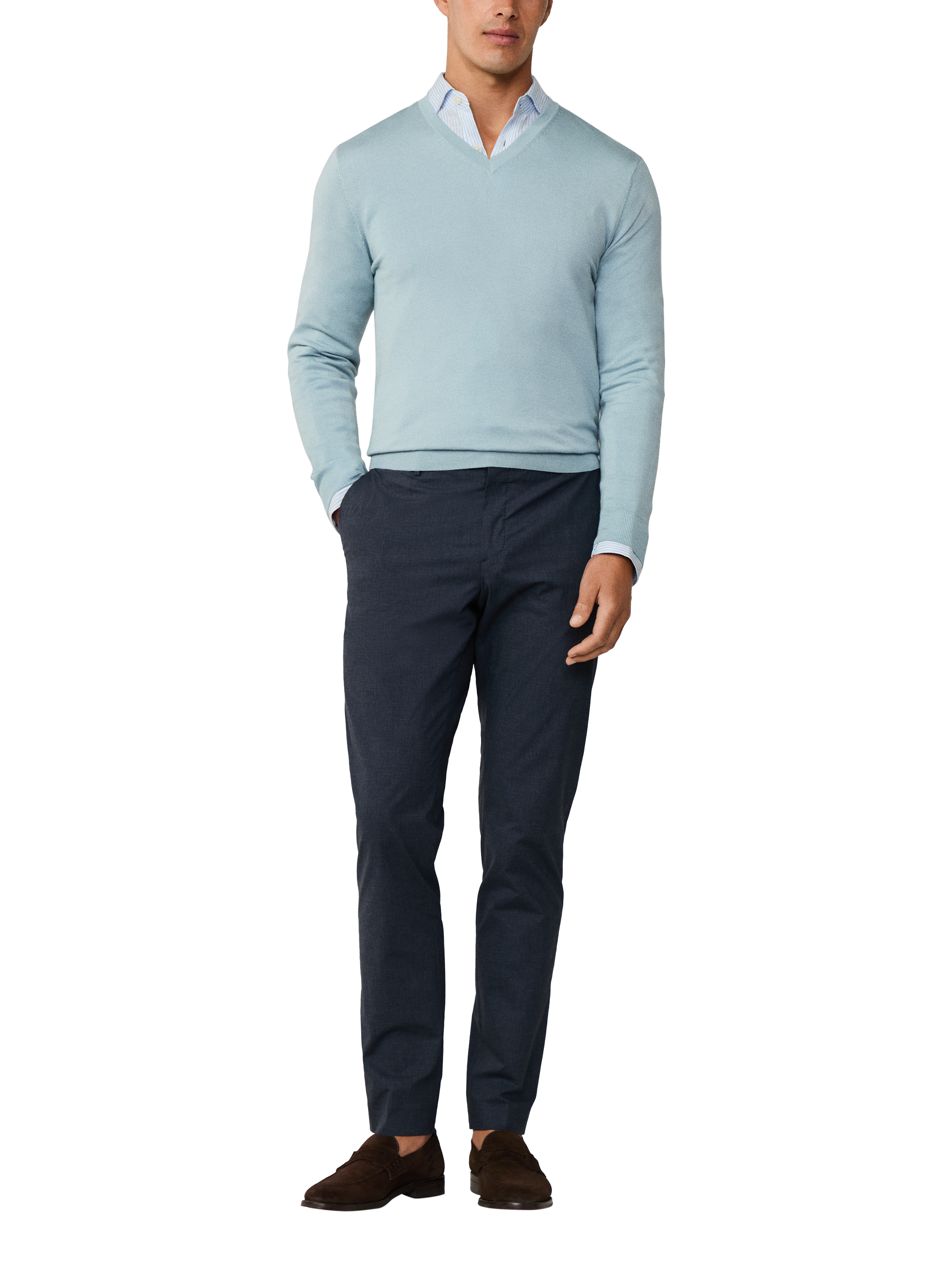Product image 2 of 8, which shows Hackett London Merino Wool Silk V-Neck Jumper, Lagoon Blue, XS