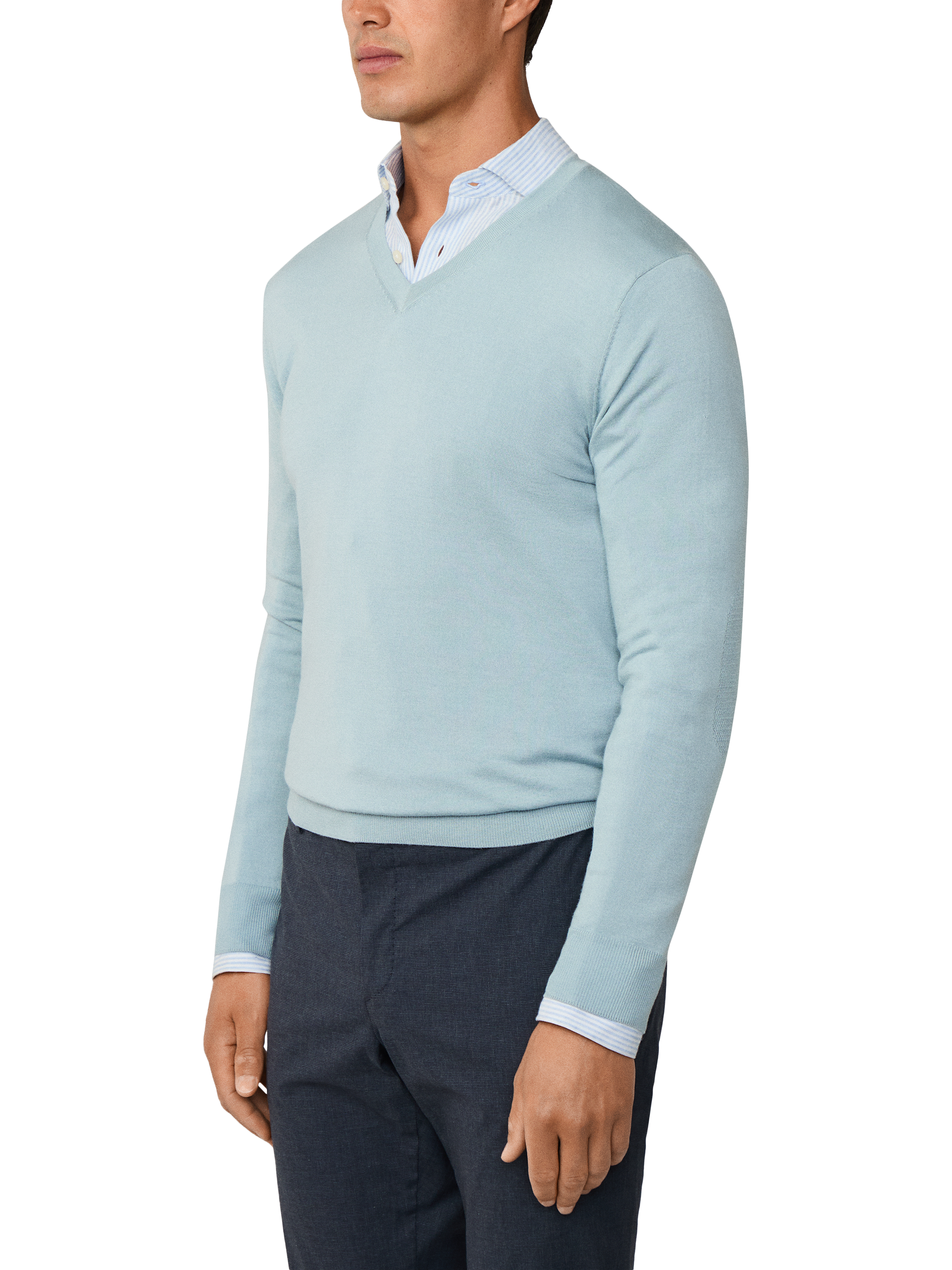 Product image 5 of 8, which shows Hackett London Merino Wool Silk V-Neck Jumper, Lagoon Blue, XS