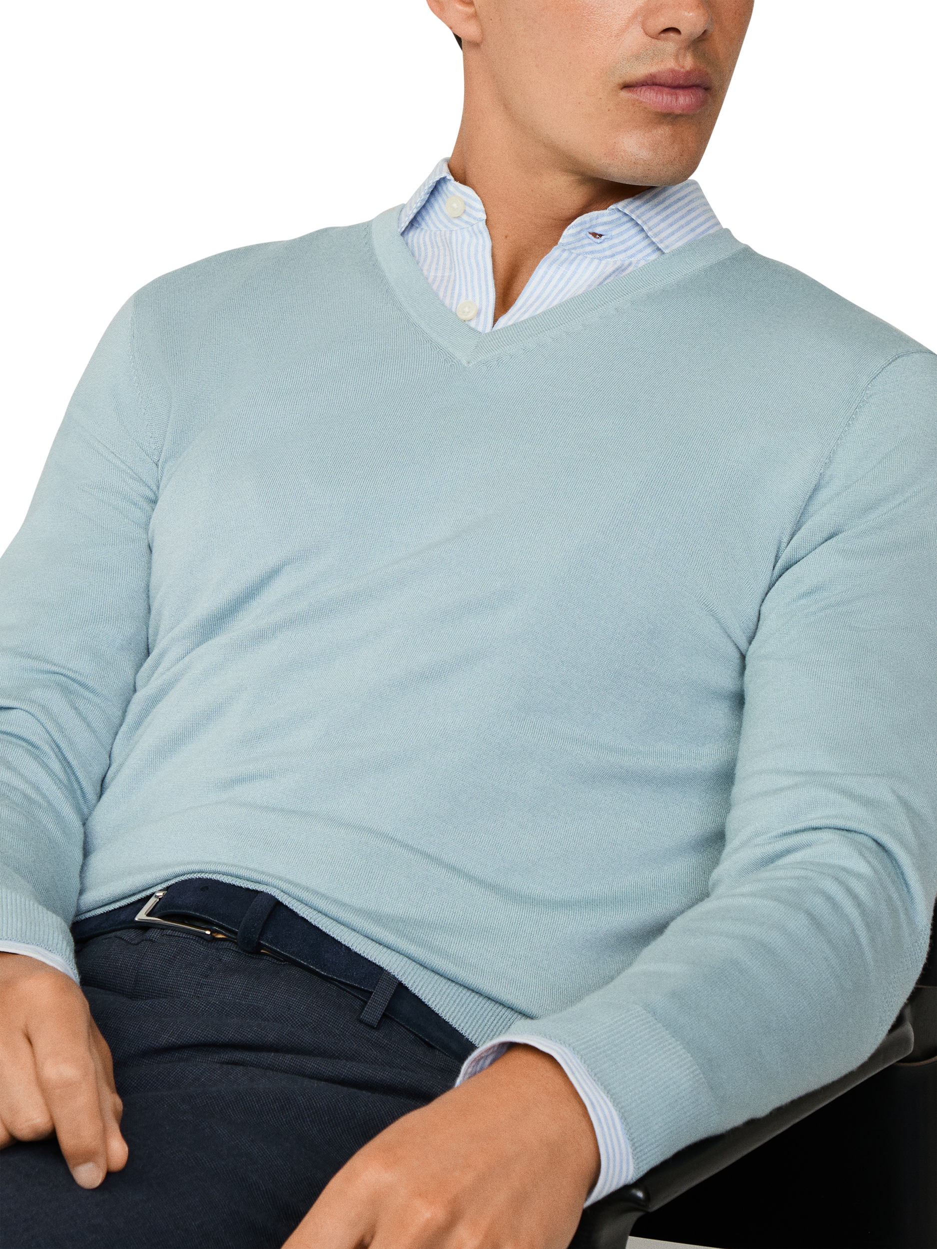 Product image 6 of 8, which shows Hackett London Merino Wool Silk V-Neck Jumper, Lagoon Blue, XS