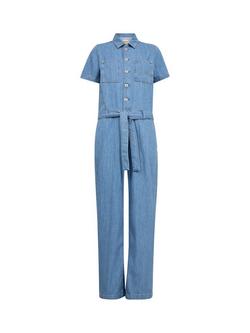 MOS MOSH MMVale Alabama Short Sleeve Cotton Denim Jumpsuit, Mid Blue