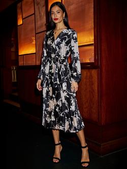 Yumi Floral Satin Pleated Midi Dress - view 2, Black