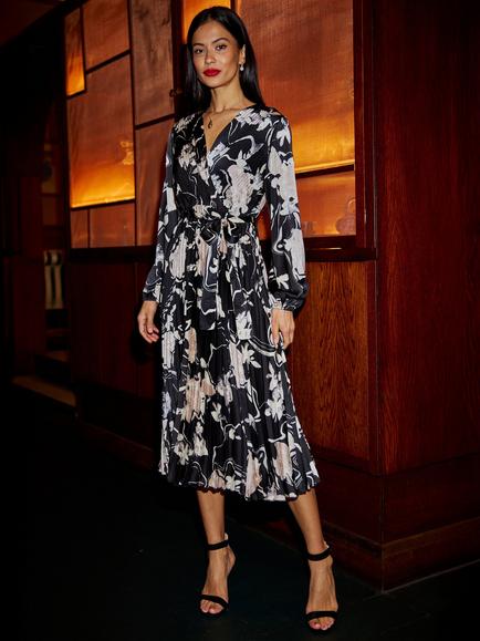Yumi Floral Satin Pleated Midi Dress - view 2, Black
