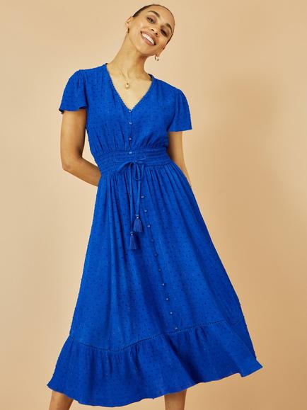 Yumi Button Detail Cap Sleeve Ruched Waist V-Neck Midi Dress, Blue