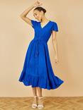 Yumi Button Detail Cap Sleeve Ruched Waist V-Neck Midi Dress