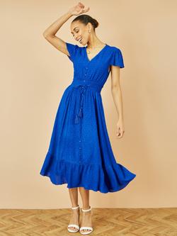 Yumi Button Detail Cap Sleeve Ruched Waist V-Neck Midi Dress - view 2, Blue