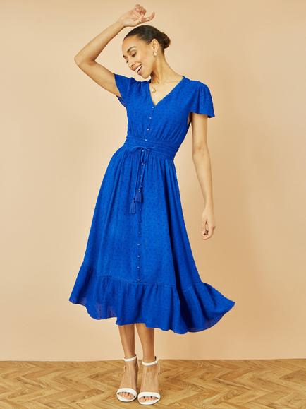 Yumi Button Detail Cap Sleeve Ruched Waist V-Neck Midi Dress - view 2, Blue