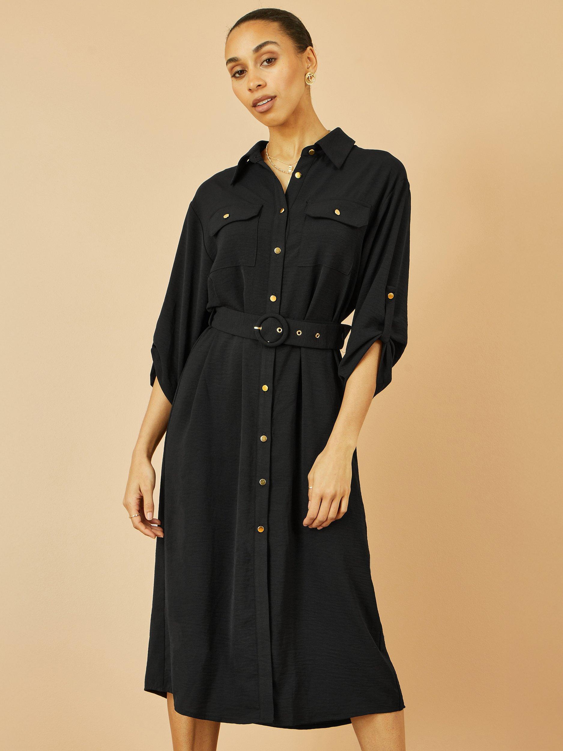 Product image 1 of 4, which shows Yumi Stretch Button Down Midi Shirt Dress, Black, 8