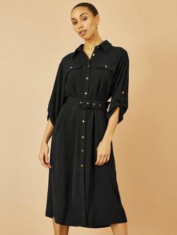 Yumi Stretch Button Down Midi Shirt Dress, Black