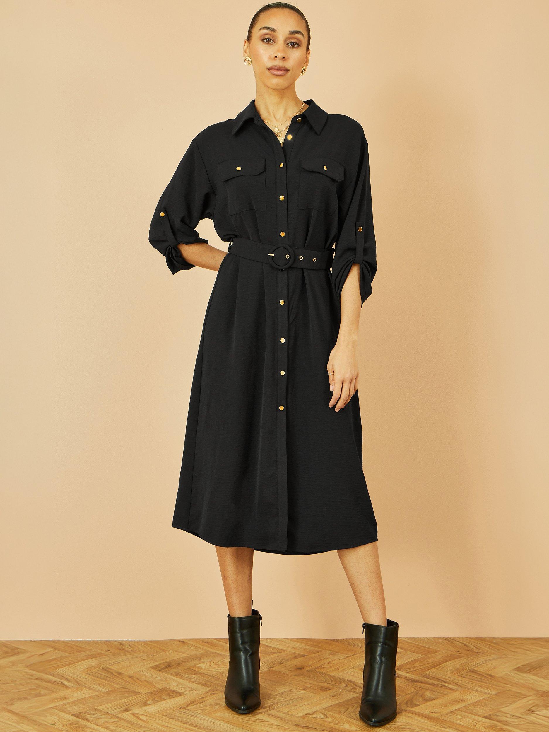 Product image 2 of 4, which shows Yumi Stretch Button Down Midi Shirt Dress, Black, 8