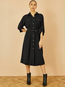 Yumi Stretch Button Down Midi Shirt Dress - view 2, Black