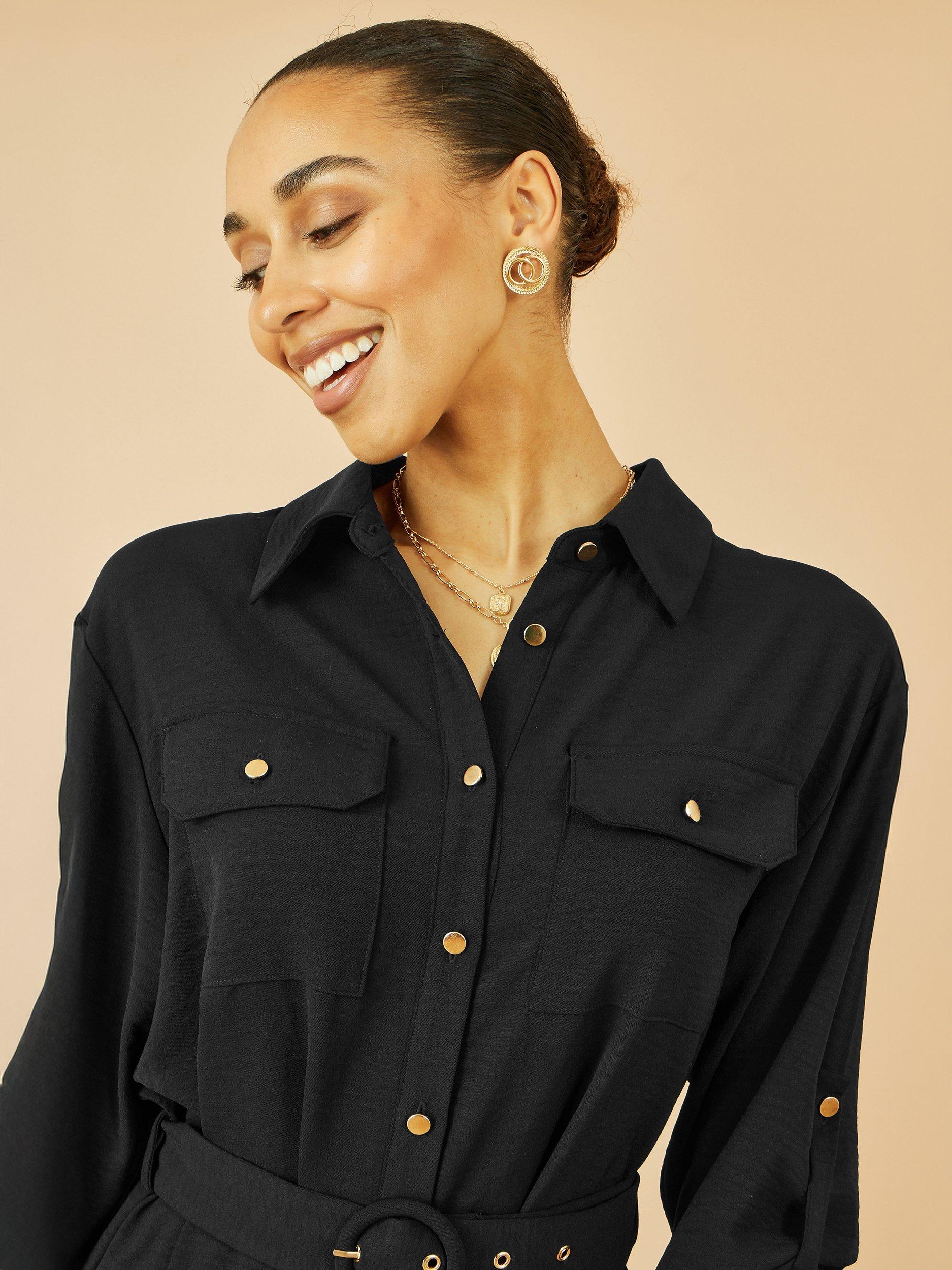 Product image 3 of 4, which shows Yumi Stretch Button Down Midi Shirt Dress, Black, 8