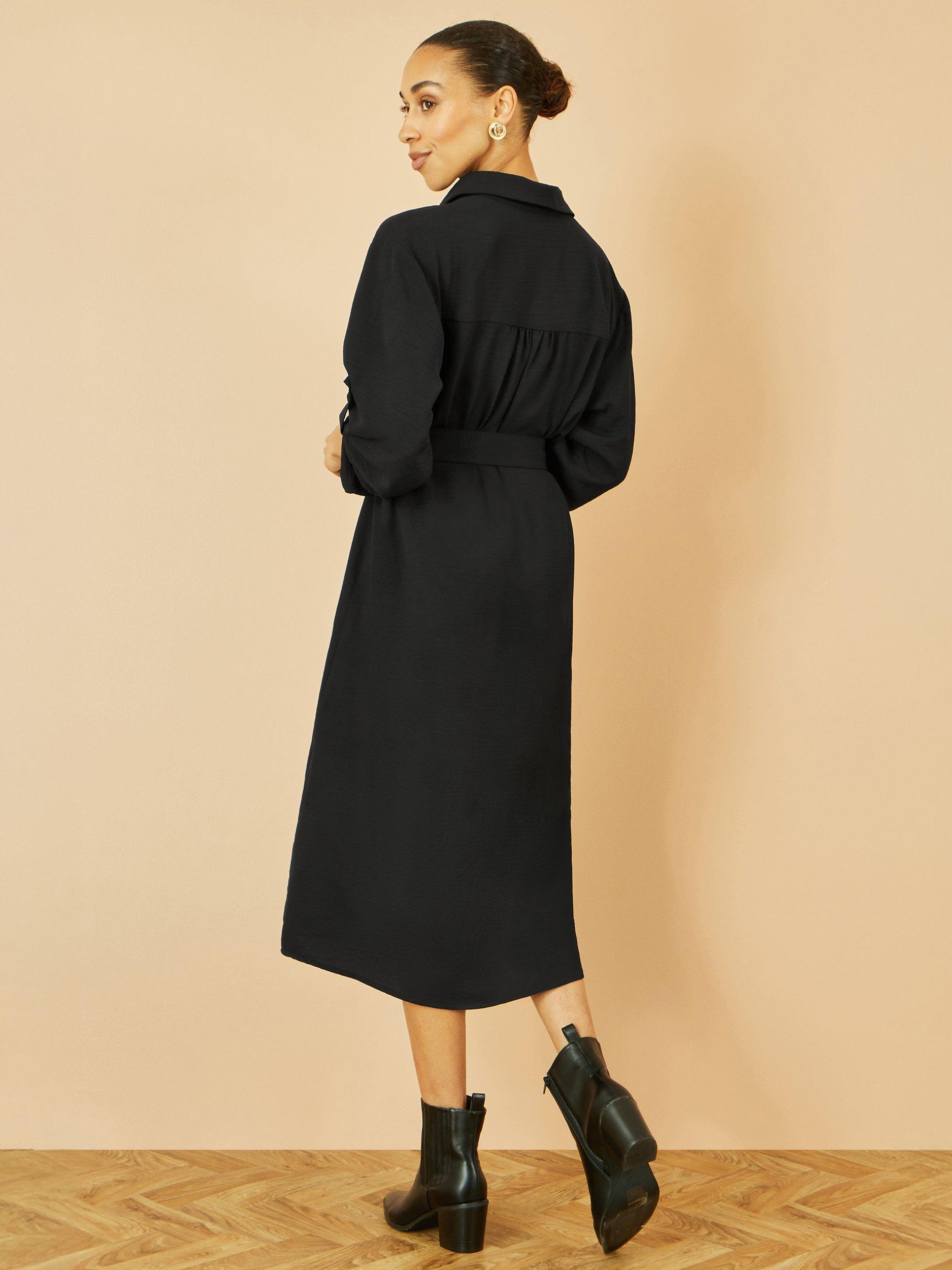 Product image 4 of 4, which shows Yumi Stretch Button Down Midi Shirt Dress, Black, 8
